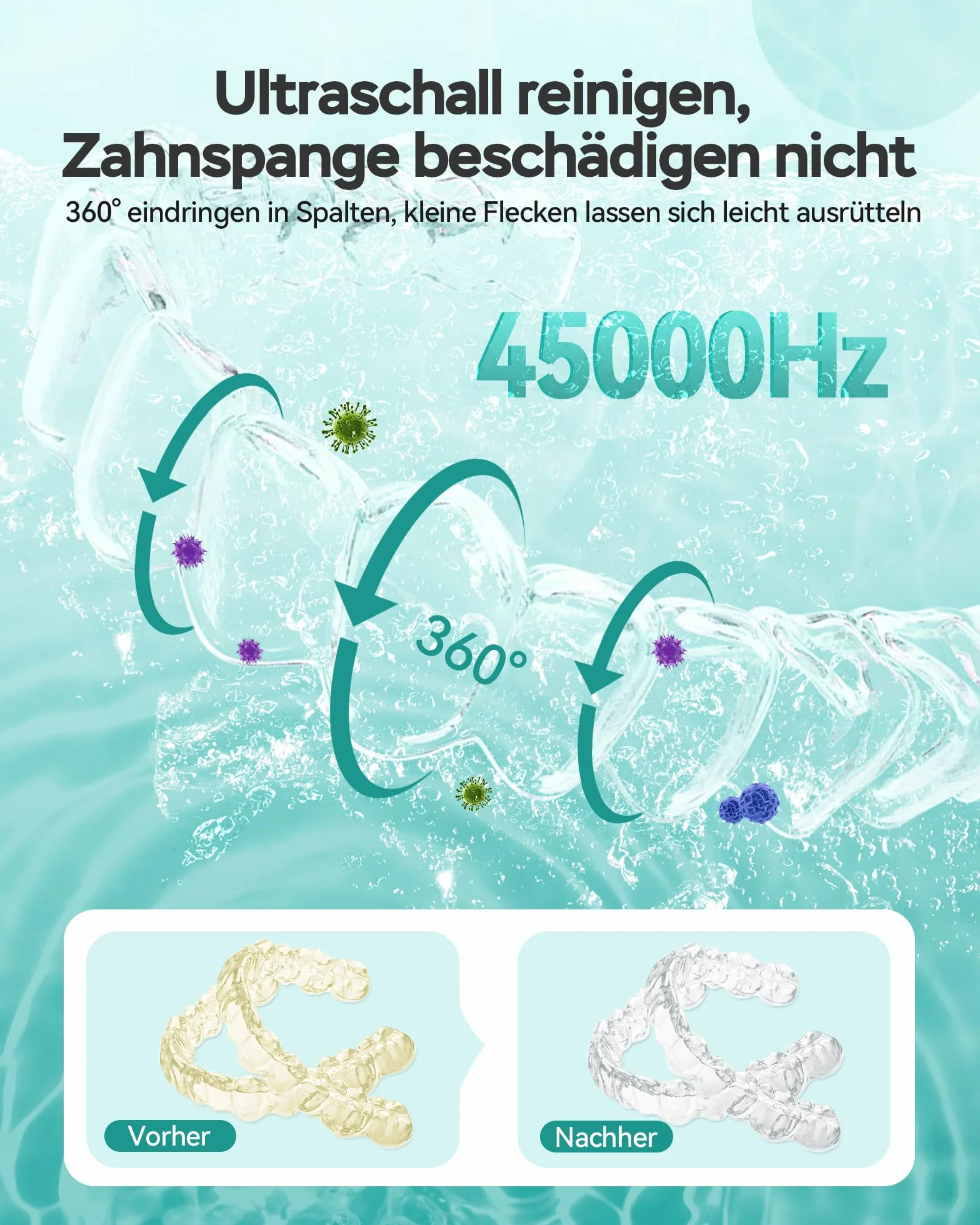 AGPTEK Ultradźwiękowe urządzenie do czyszczenia aparatów ortodontycznych, 45 kHz, z wentylatorem, 190 ml, ultradźwiękowe urządzenie do czyszczenia protez zębowych, szyn zębowych, korektorów, szyn