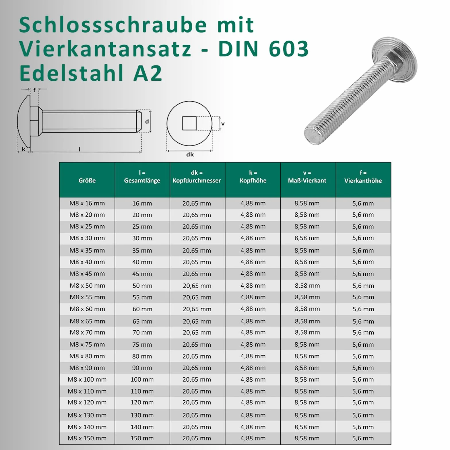 DSM – śruby zamkowe M8 x 45 mm zgodnie z DIN 603 – nakrętka zabezpieczająca M8 DIN 985 i podkładka DIN 9021 – stal nierdzewna A2/V2A – śruby z łbem płaskim z nasadką czworokątną – nakrętki stoperowe
