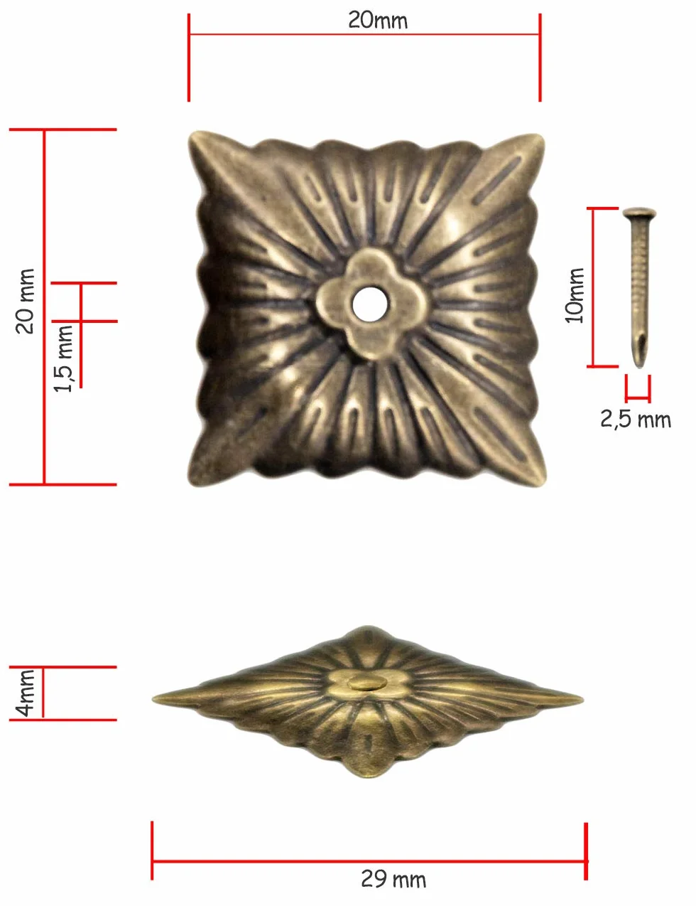 FUXXER 100 x antyczne gwoździe dekoracyjne, ozdobne, vintage, mosiądz, brąz, 20 x 20 mm
