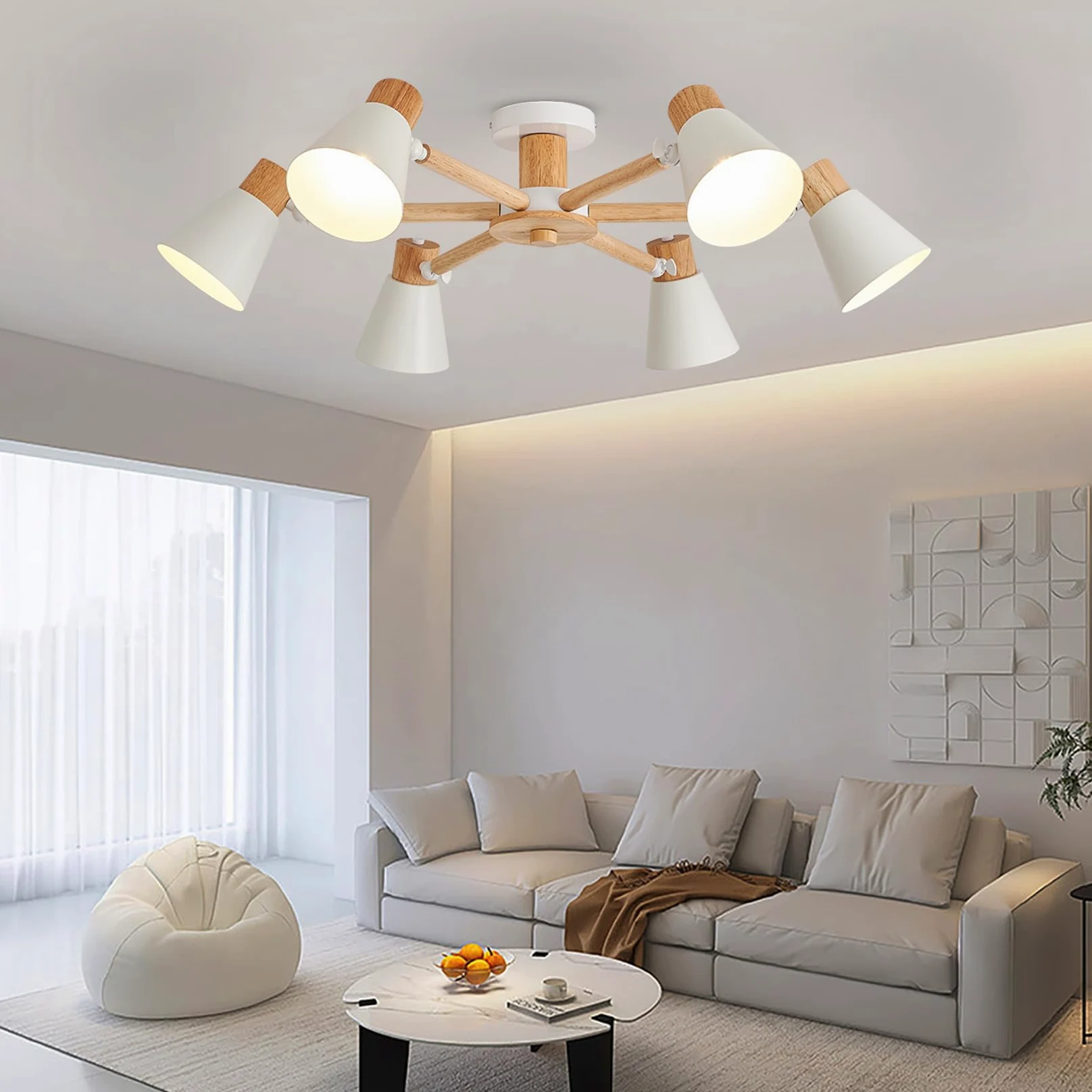 YOODI Lampy Sufitowe 6 Punktowa Lampa Sufitowa Z Metalu/Drewna, Lampa Do Salonu W Stylu Nowoczesnym I Prostym, żyrandol Z Regulowanymi Ramionami, Lampas Do Sypialni I Salonu E27 (Bez żarówek)
