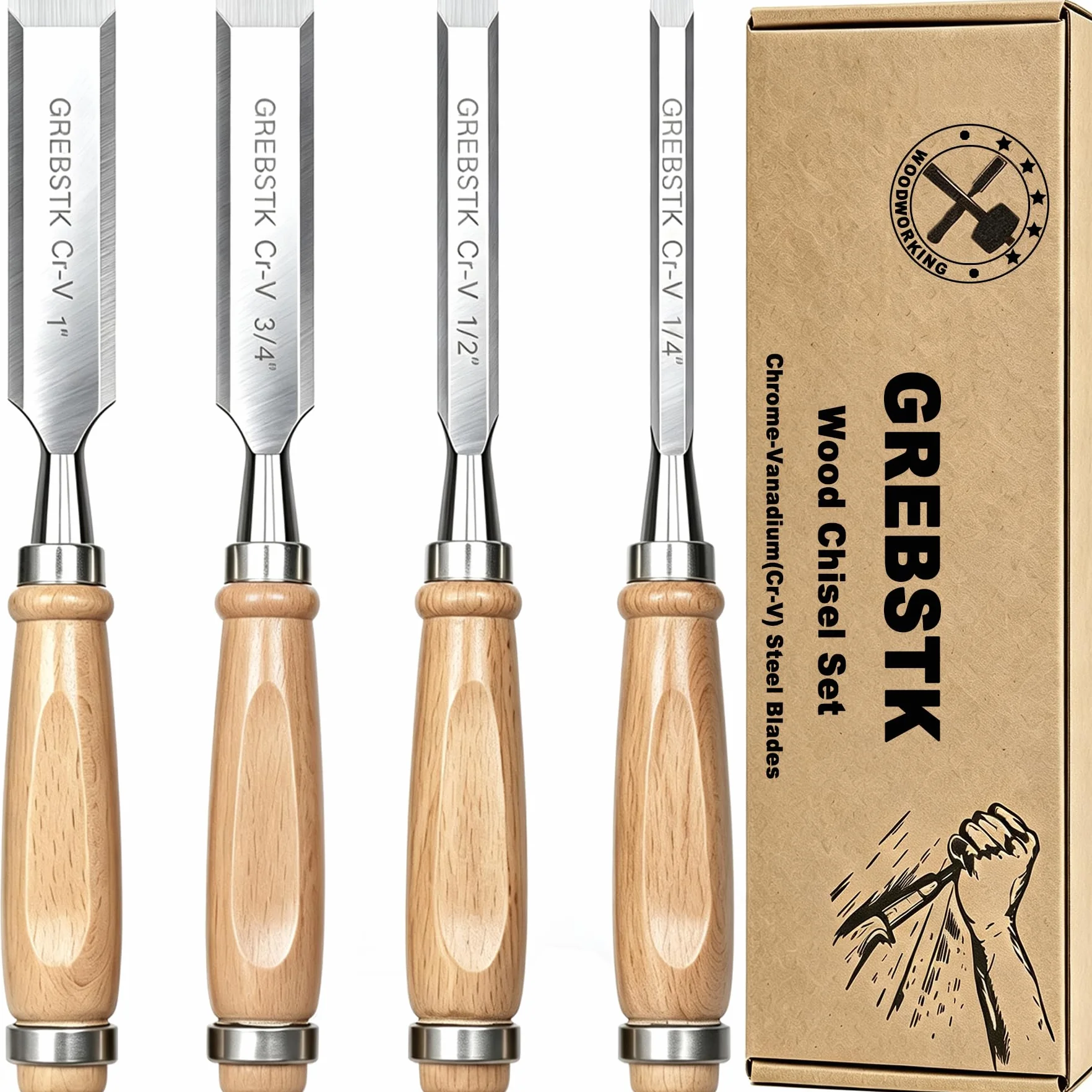 Professionelles Holzmeißel-Werkzeug-Set aus robustem Chrom-Vanadium-Stahl, 4 Stück, 1/4 Zoll, 1/2 Zoll, 3/4 Zoll, 2,5 cm (Oxford-Tasche)