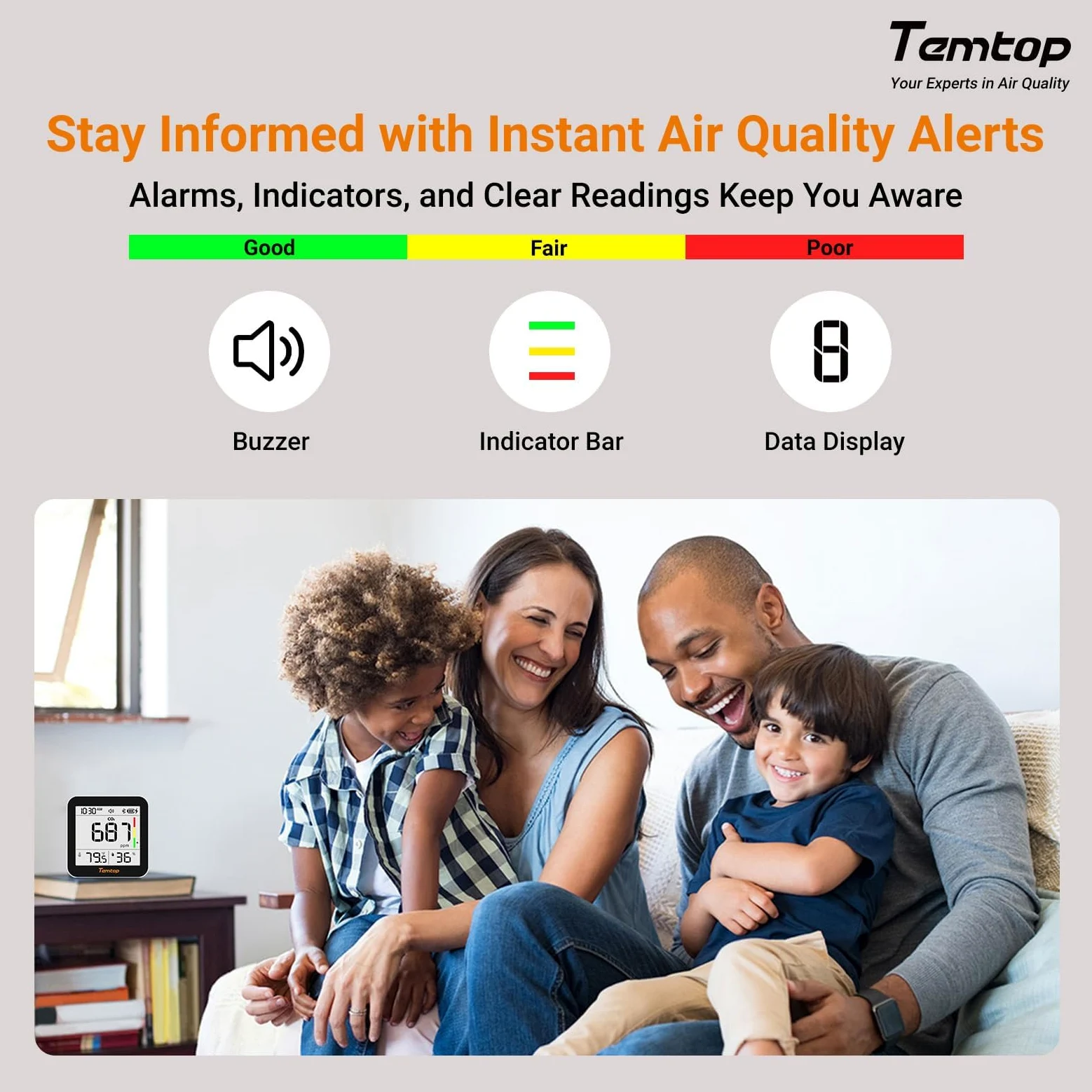Temtop Monitor CO2 Bluetooth Wykrywacz Dwutlenku Węgla, 3-w-1 Monitor Jakości Powietrza Miernik CO2 Temperatura Wilgotność Przenośny do Podróży Domu Pokoju Uprawowego