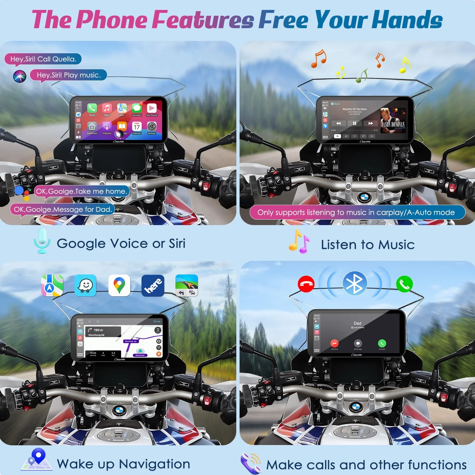 Carpuride W603B BMW R1200GS R1250GS S1000XR Motocykl Carplay Ekran Wodoodporny 6,3-calowy Dotykowy Nawigacja GPS Android Auto Przenośny