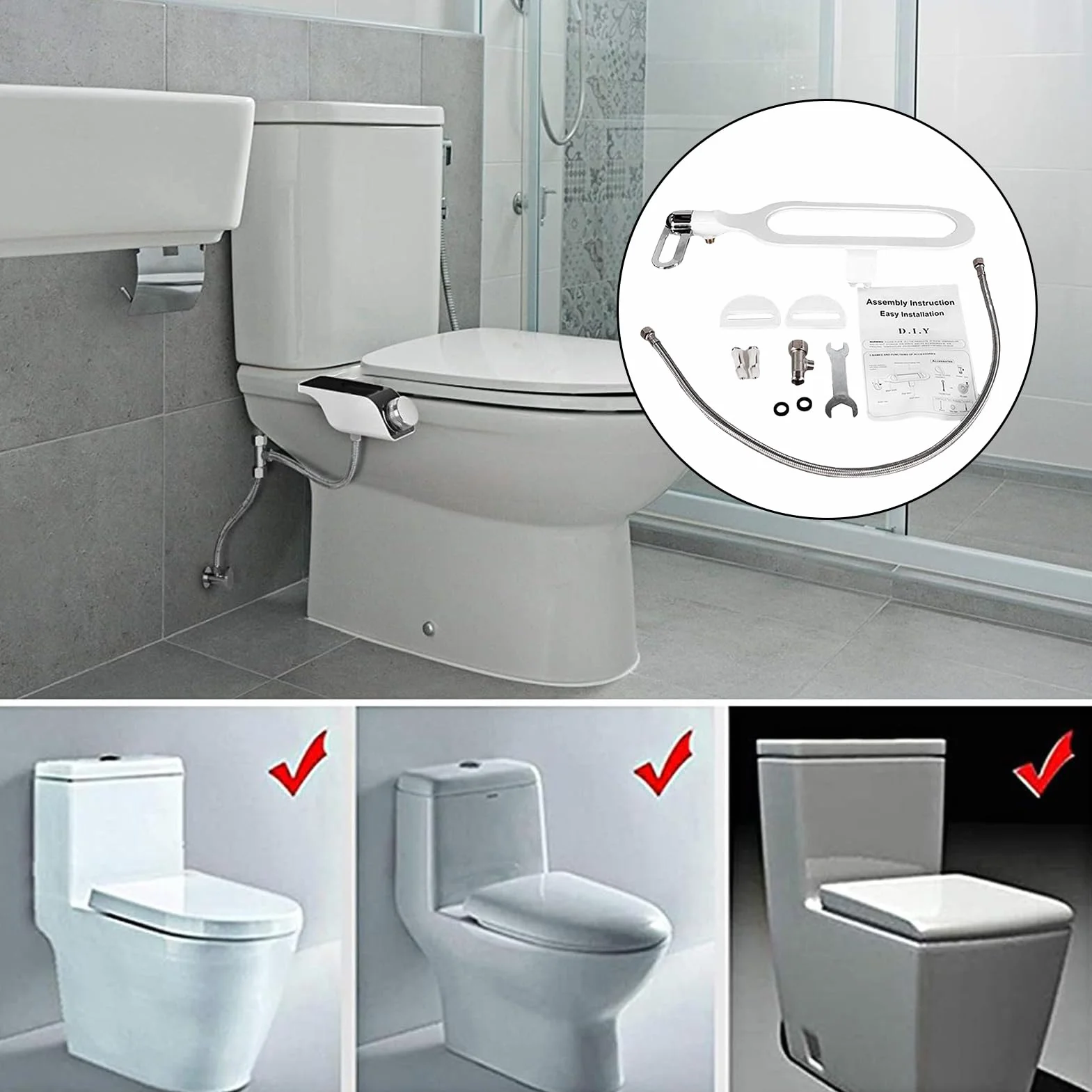 Nak?adka bidet – nieelektryczna nak?adka toalet? z samoczyszcz?cymi si? podwójnymi dyszami z regulowanym ci?nieniem, deska sedesowa, prysznic WC, bia?a