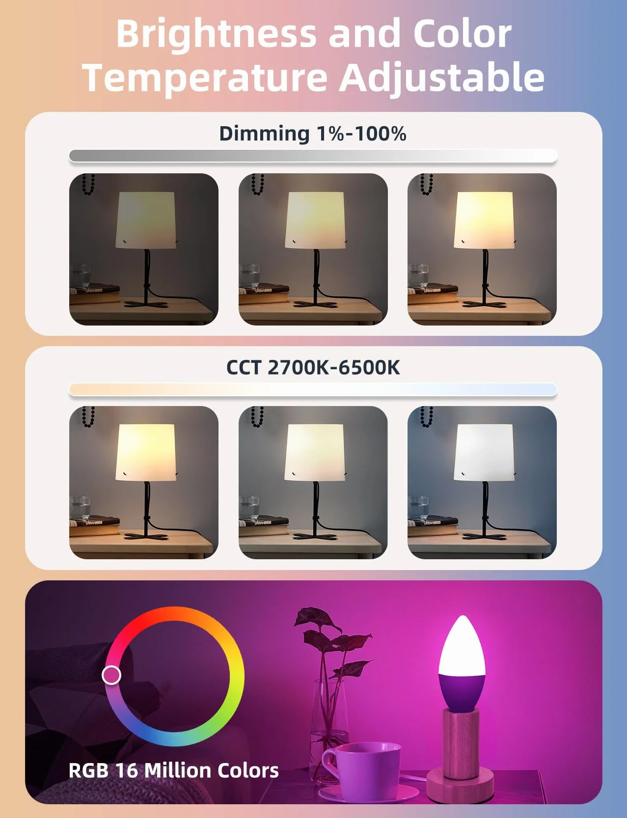 Aigostar - Inteligentna żarówka C37 Mesh Bluetooth. 2700–6500K, ściemnialna RGB. Gwint E14, 6,5 W, 555 lm. Inteligentna żarówka LED kompatybilna z Alexą. W zestawie pilot. 6 sztuki