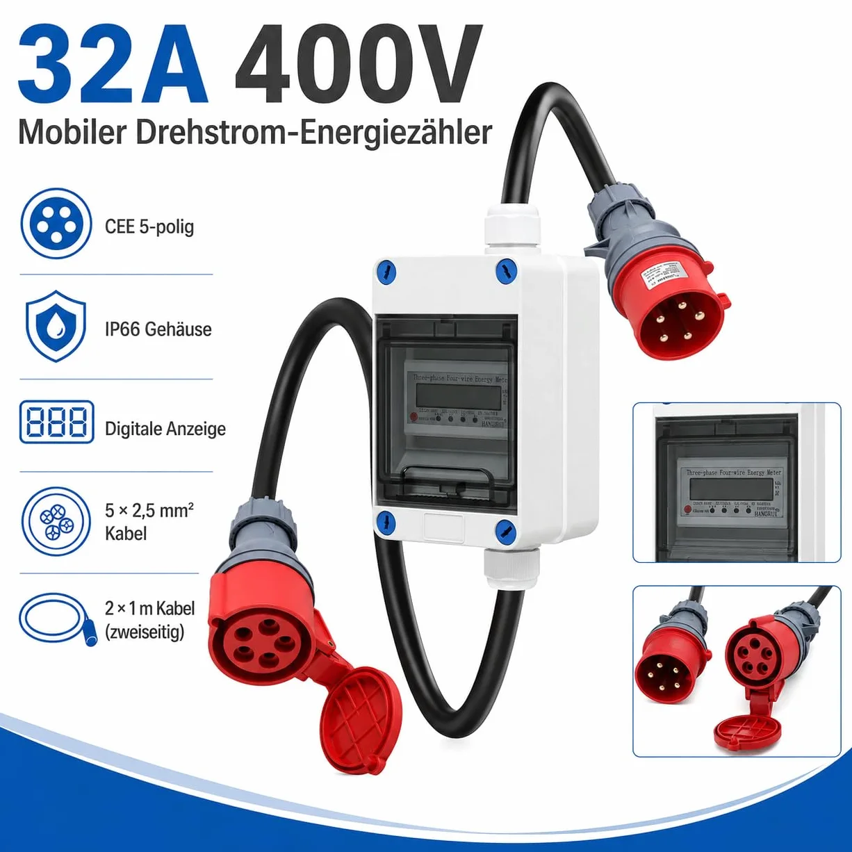 Mobilny licznik prądu trójfazowego 32 A 400 V z wtyczką CEE 5P | Wskaźnik zużycia w czasie rzeczywistym z kablem 2 x 1 m do zastosowań CEE