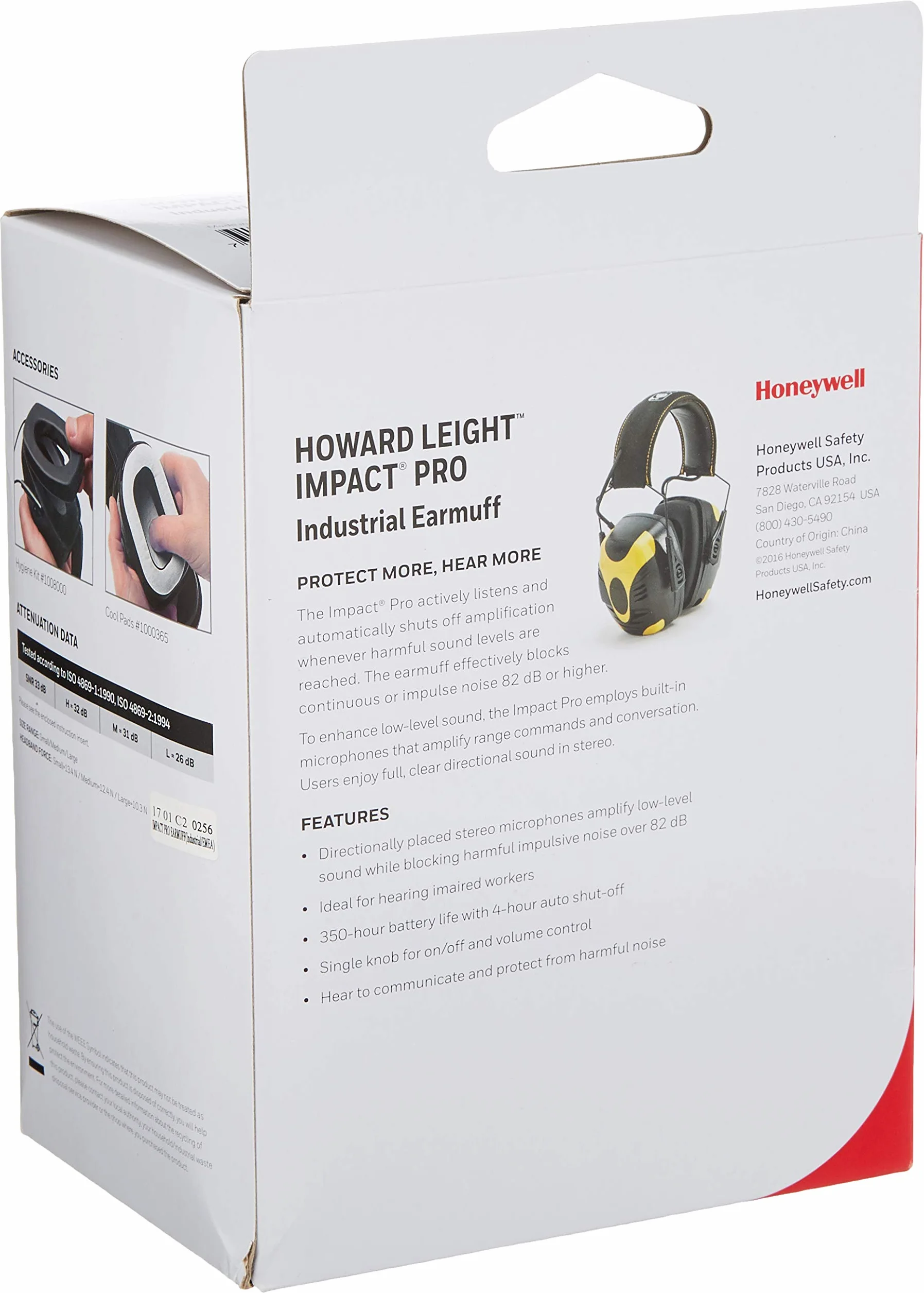 Honeywell 1034491 Howard Leight Impact Pro nauszniki przemysłowe z aktywną ochroną, kierunkowe mikrofony stereofoniczne, złącze audio jack, czarno-żółte, SNR 33 dB