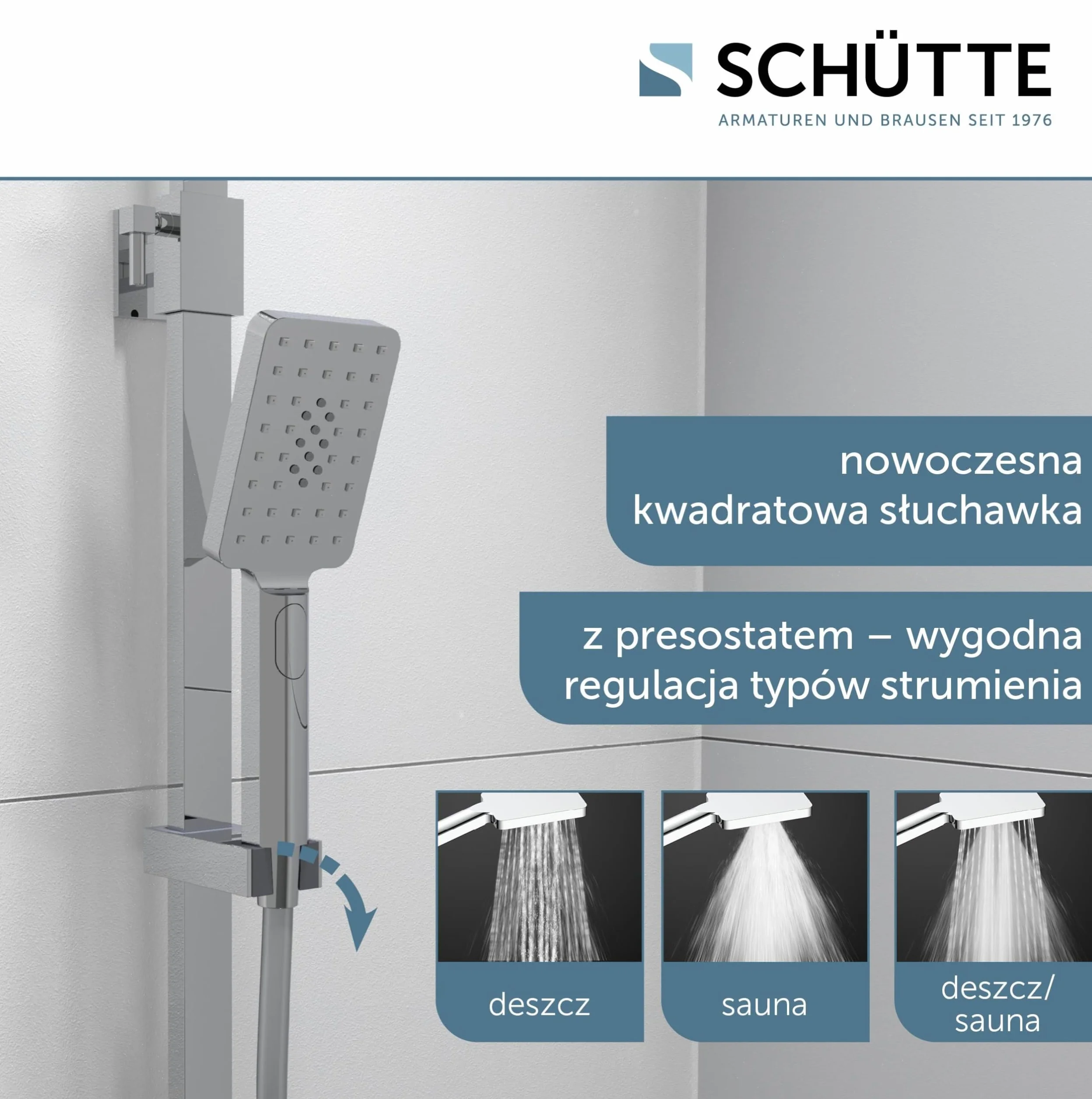SCHÜTTE OCEAN 60531 system prysznicowy z termostatem i szklaną półką, 30 x 30 cm, deszczownica z uchwytem ściennym i panelem prysznicowym, kolumna prysznicowa w kolorze chromowym/antracytowym