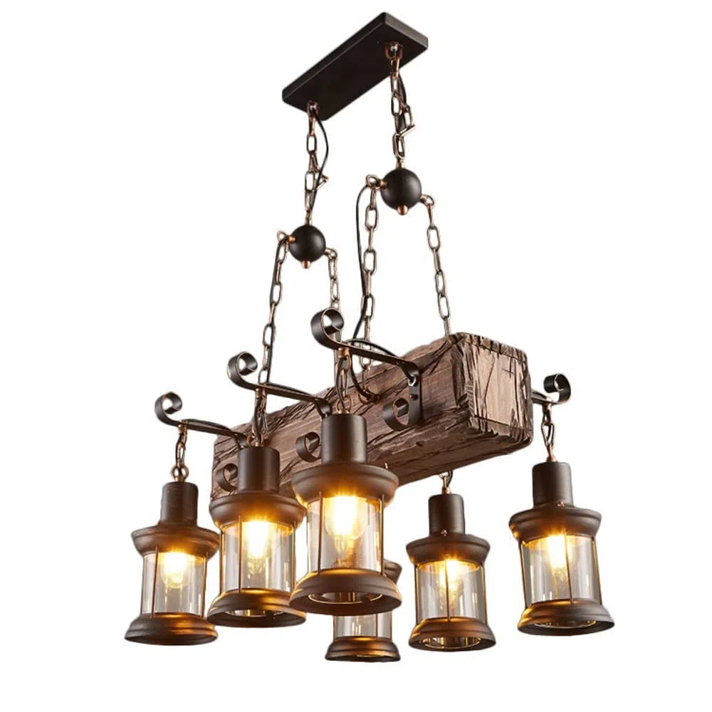 Lampa wisząca z drewna i szkła z 6 światłami