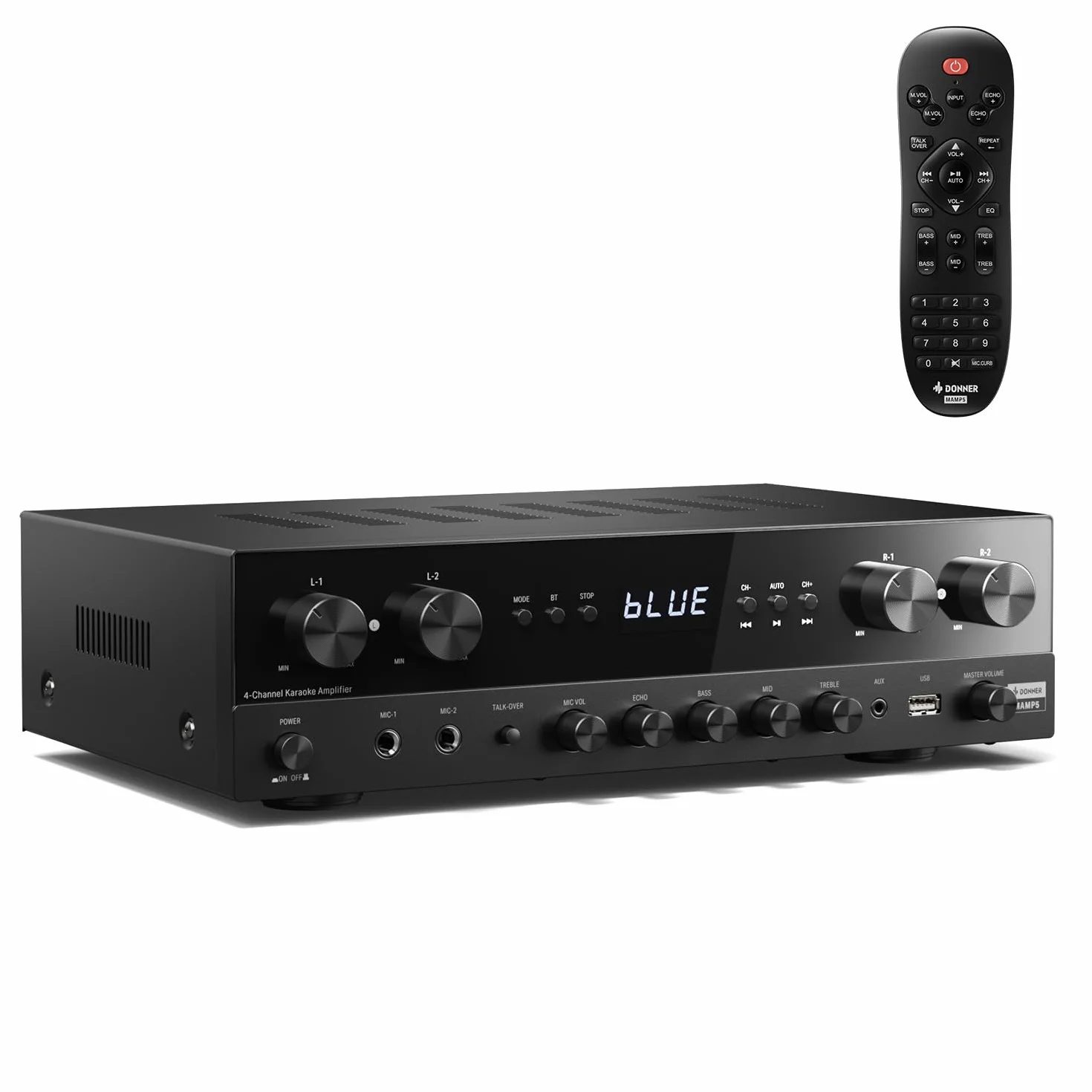 Donner Odbiorniki stereo, domowy wzmacniacz audio, premium 1000 W, maksymalna moc, 4-kanałowy wzmacniacz z Bluetooth 5.0, USB, FM, 2 mikrofony, Echo, RCA, wejście światłowodowe/koncentryczne do