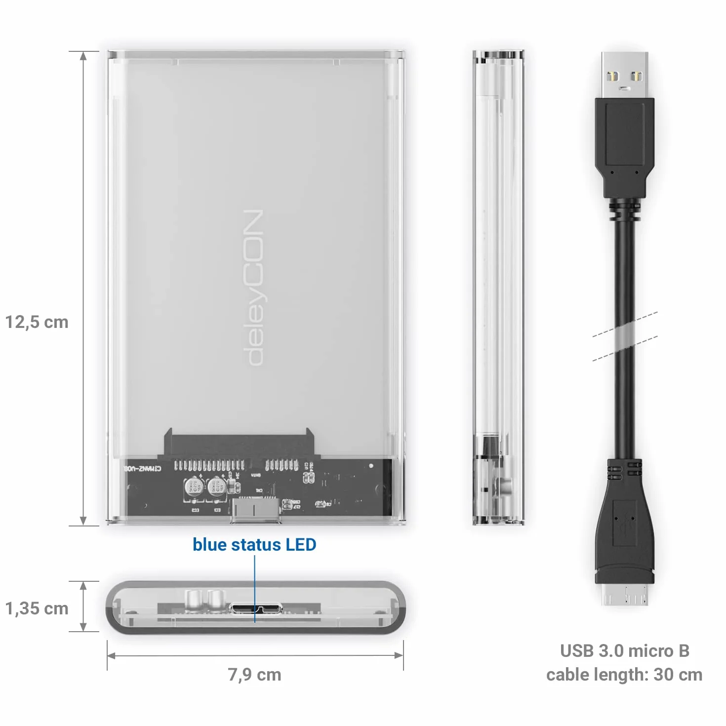 deleyCON Obudowa SSD USB a (5Gbps USB 3.1) do Dysków SATA 3 2,5" SSD / HDD / 7 mm do 9,5 mm SATA III Obudowa Zewnętrzna UASP [Przezroczysta]