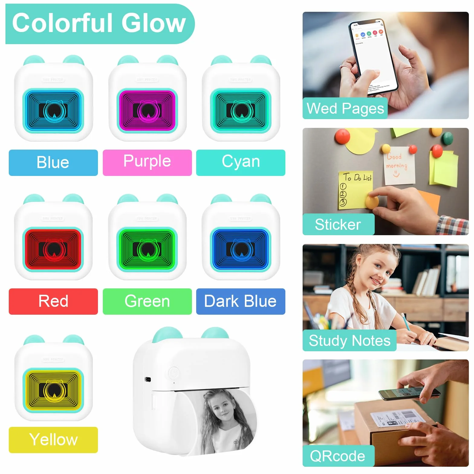 Mini drukarka, mobilna drukarka fotograficzna, przenośna mini drukarka fotograficzna z siedmioma kolorami LED i lustrami, bezprzewodowa drukarka termiczna z 13 rolkami papieru do drukarki,