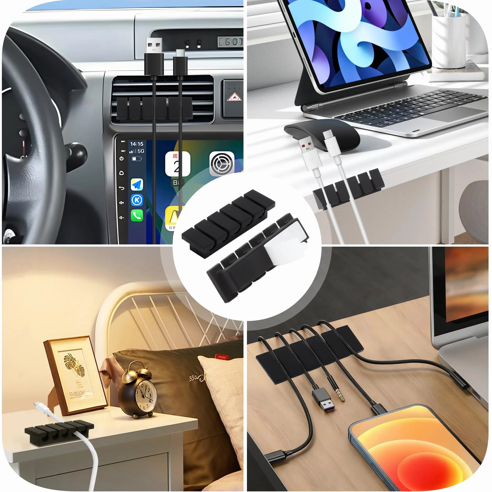 4 uchwyty na kable, klipsy do kabli, do zarządzania kablami, uniwersalny organizer, samoprzylepne uchwyty na kable, na biurko, kabel sieciowy, ładowarki, kabel USB do ładowania