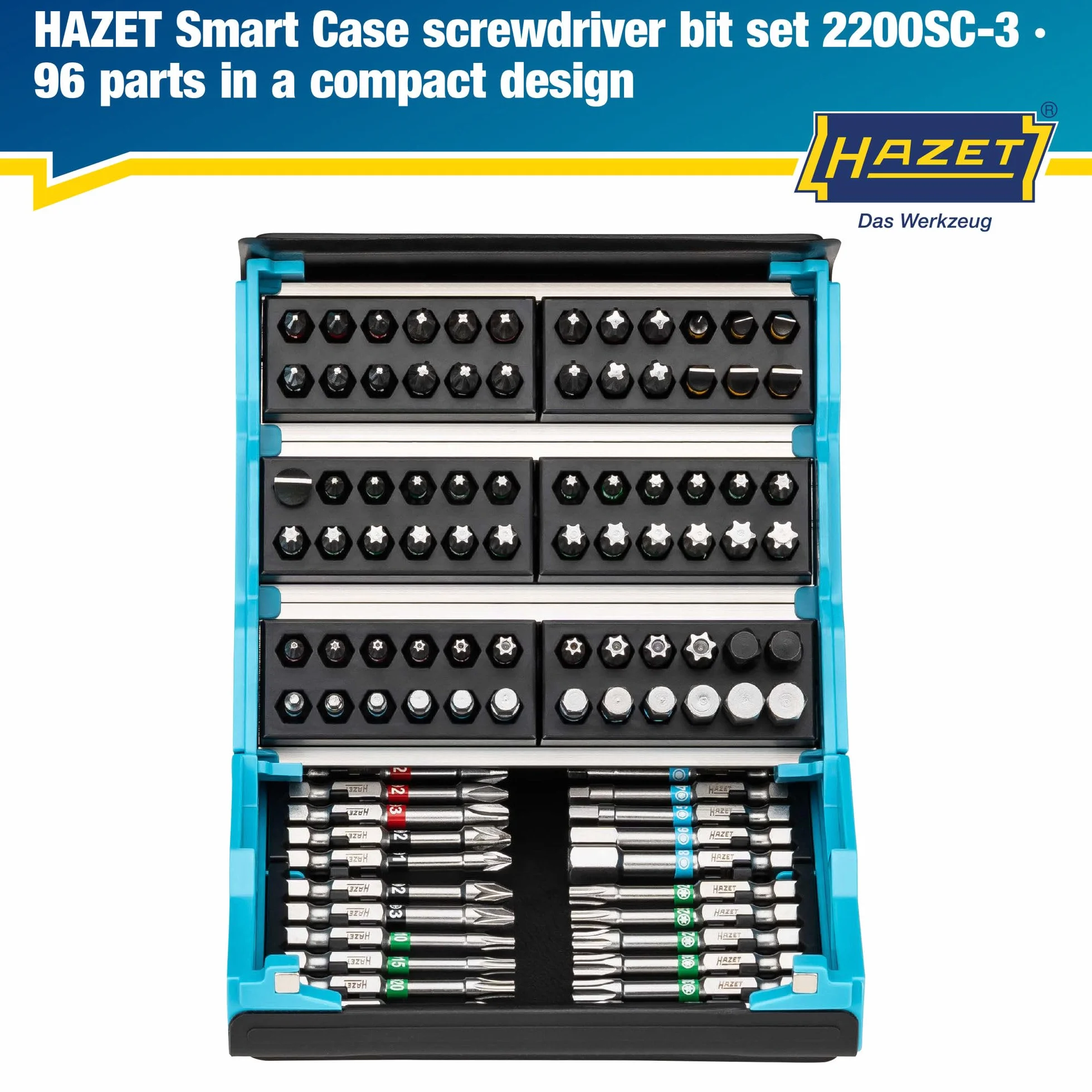 HAZET Smartcase zestaw bitów 2200SC-3 I 96-częściowy, napęd: sześciokąt 6,3 1/4 cala, wiele narzędzi na najmniejszej przestrzeni dla najlepszego przeglądu I składany zestaw narz