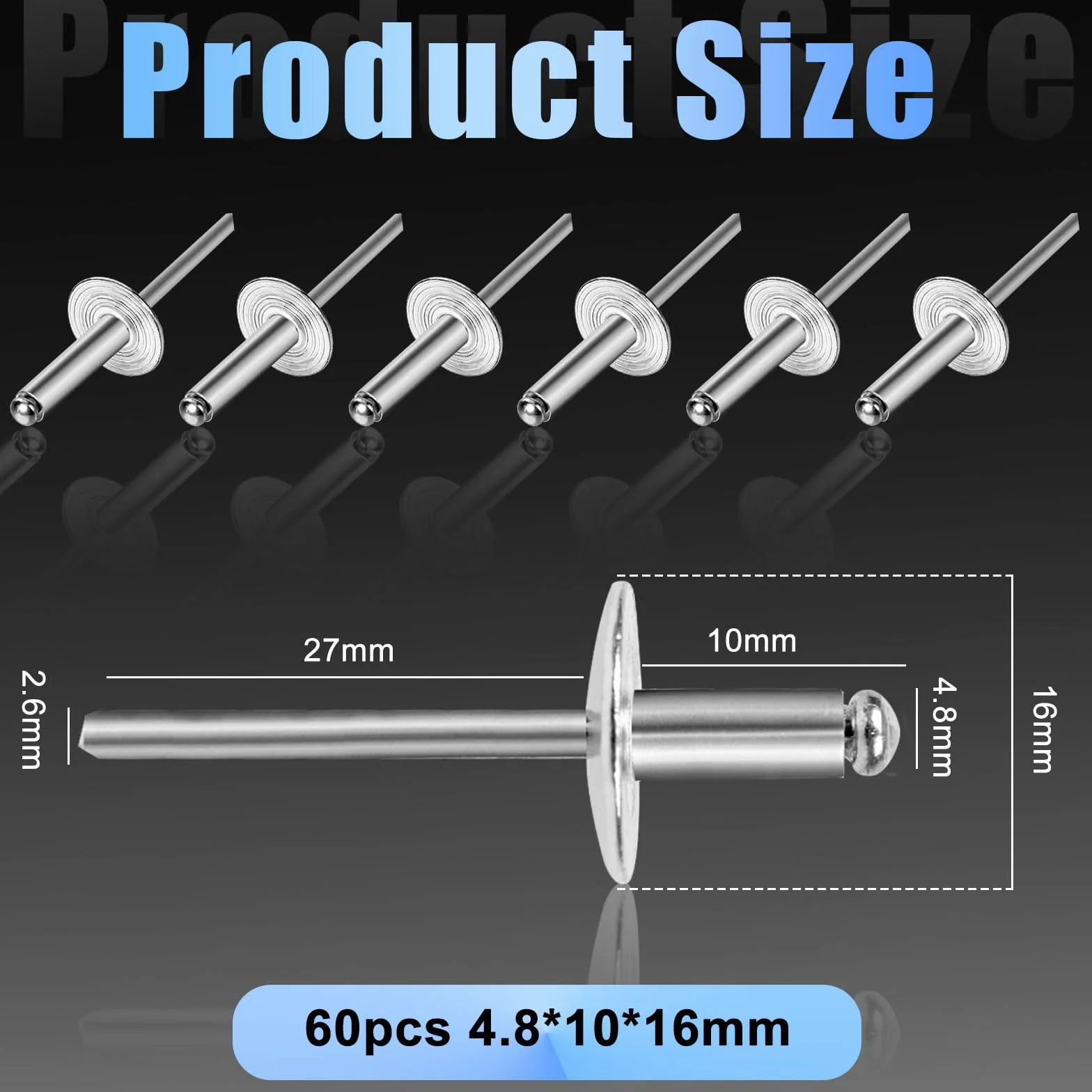 Nity ślepe 4,8 x 10 mm, ze stopu aluminium z dużą główką, srebrne nity ślepe, zestaw 60 sztuk, odpowiednie do łączenia lekkich materiałów