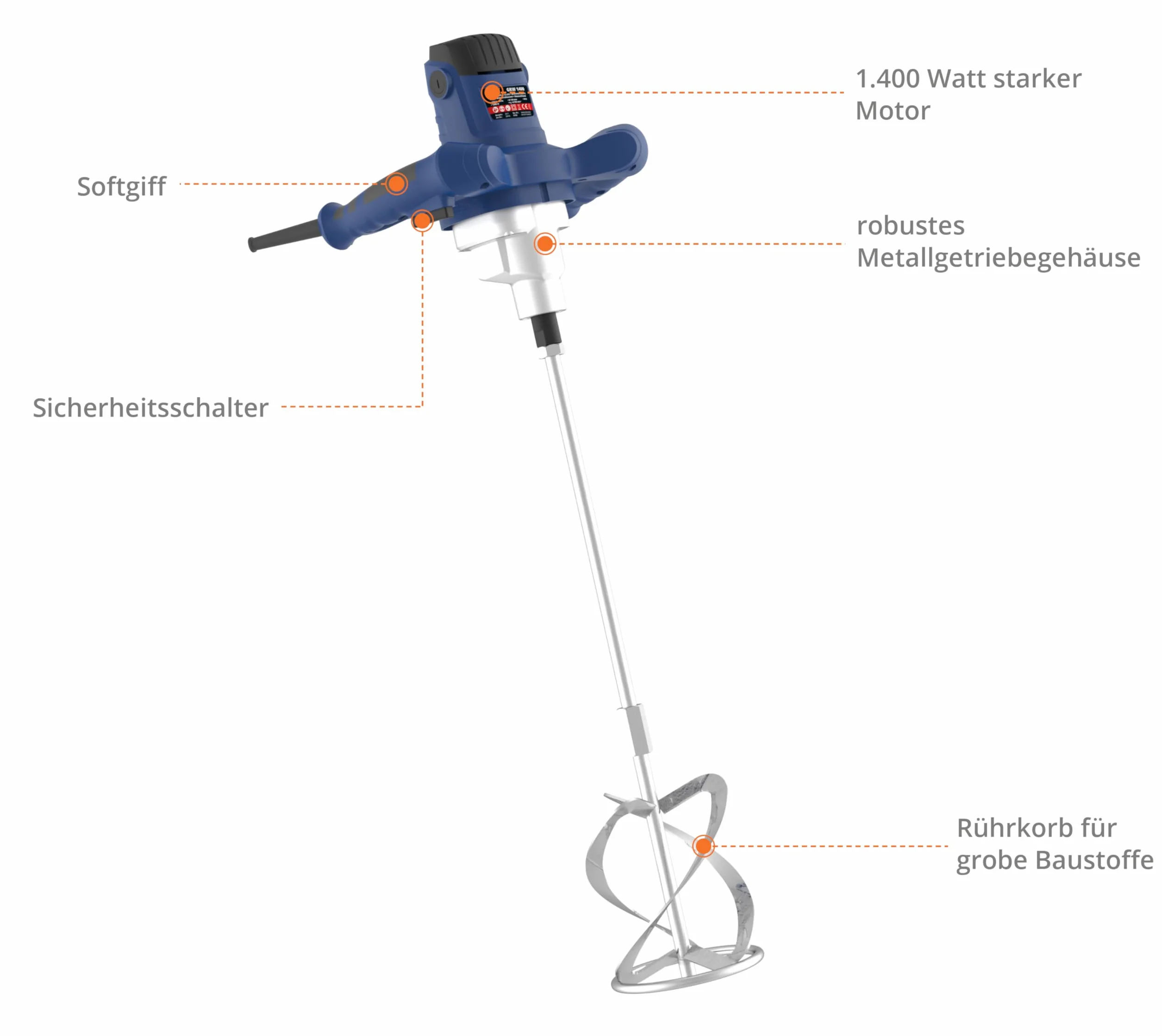 Güde Mieszadło GRW 1400 (1400 W, bezstopniowa elektroniczna regulacja prędkości obrotowej w uchwycie 0-760 1/min, metalowa przekładnia, ergonomiczny, uchwyt mieszadła M14, mieszadło ø 140 mm do