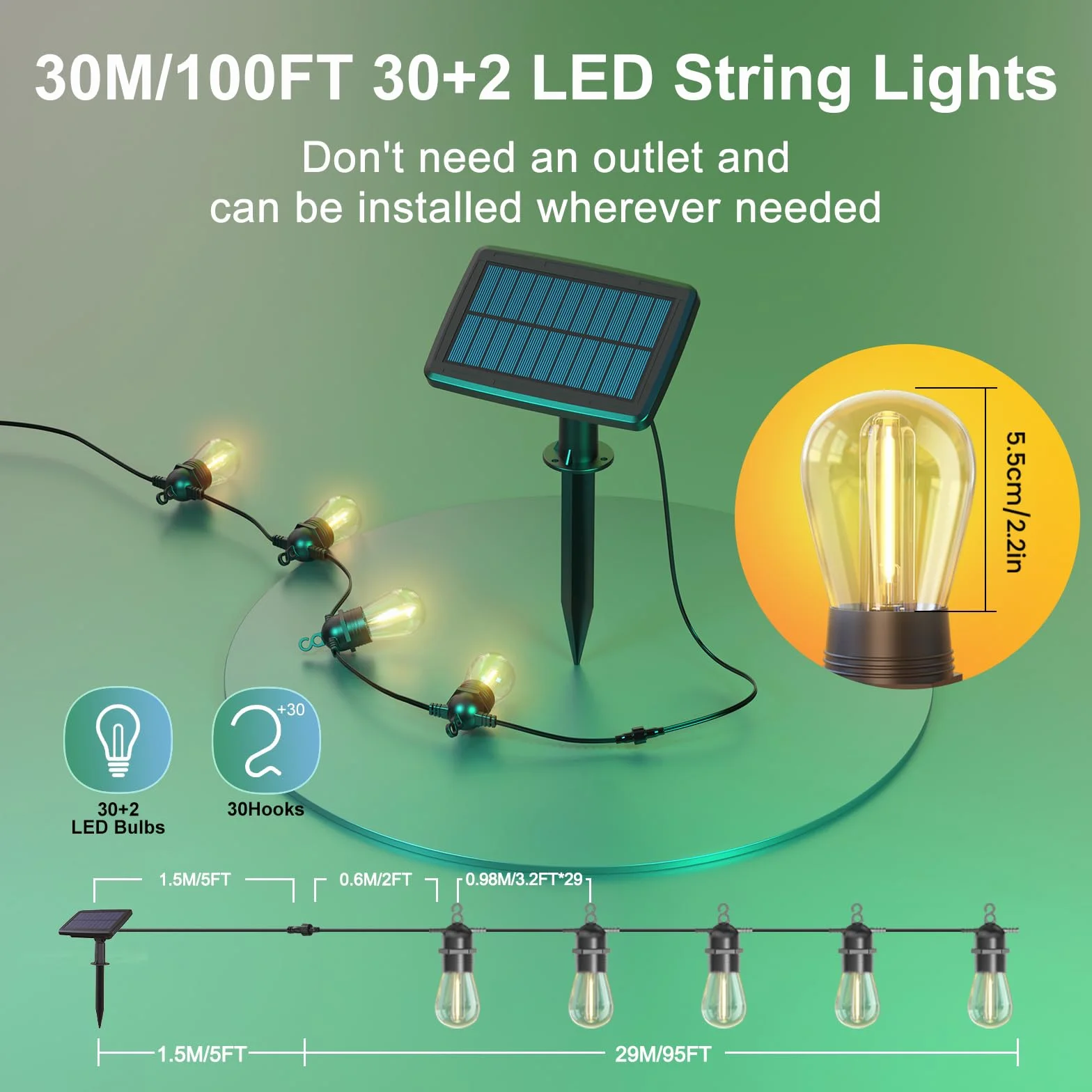 Quntis Łańcuch świetlny 31 m, IP65, nietłukące się żarówki, pilot, ładowanie solarne/USB C, timer, automatyczne ściemnianie, wodoszczelny, do ogrodu, na balkon, taras, imprezę, podwórko