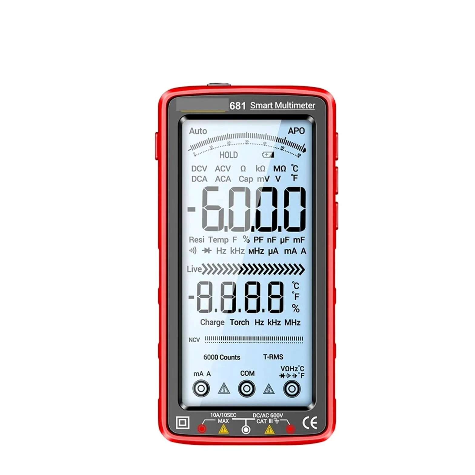 Wielu testerów 681 inteligentny multimetr akumulatorowy zapobiegający spalaniu True RMS multimetr tester napięcia Hz Ohm miernik diodowy z osłoną ekranu LCD (Color : 681 red)