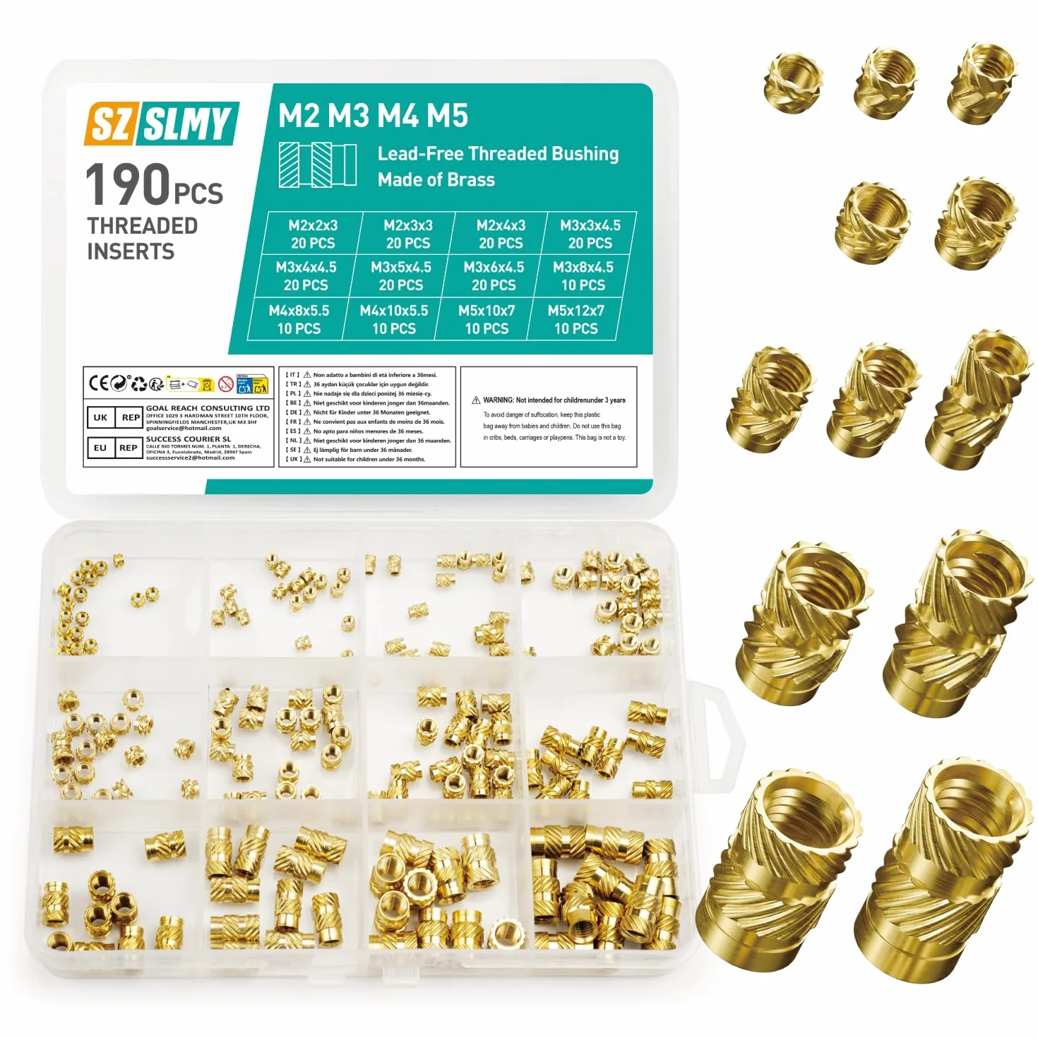 190 sztuk wkładek gwintowanych 3D, druk 3D, gwint topliwy, M2, M3, M4, M5, mosiądz, nakrętki do wytapiania, tuleje gwintowane, nakrętki gwintowane, tuleje gwintowane do drukarek, części z tworzywa