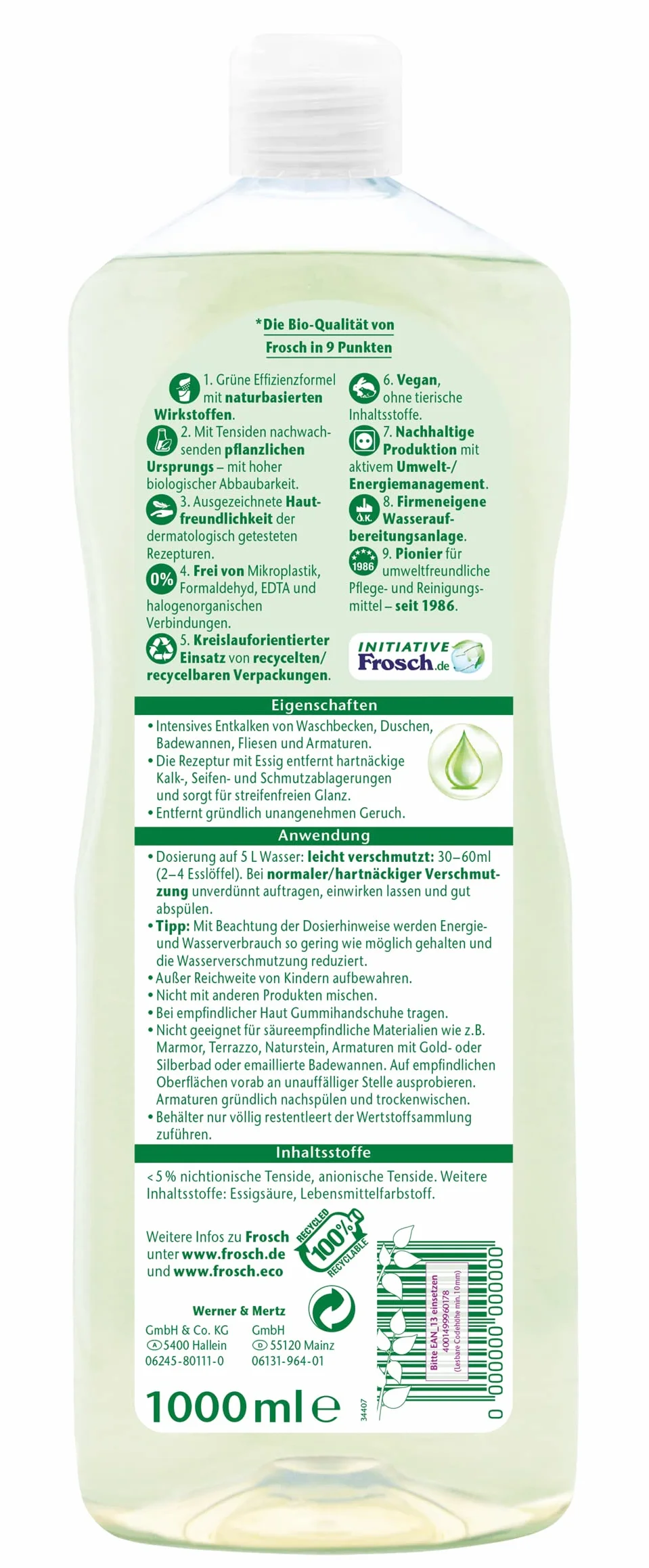 Frosch Środek czyszczący do octu, uniwersalny środek czyszczący do usuwania kamienia, plam z wody i resztek mydła do kuchni, łazienki i WC, 1 opakowanie (1 x 1000 ml)