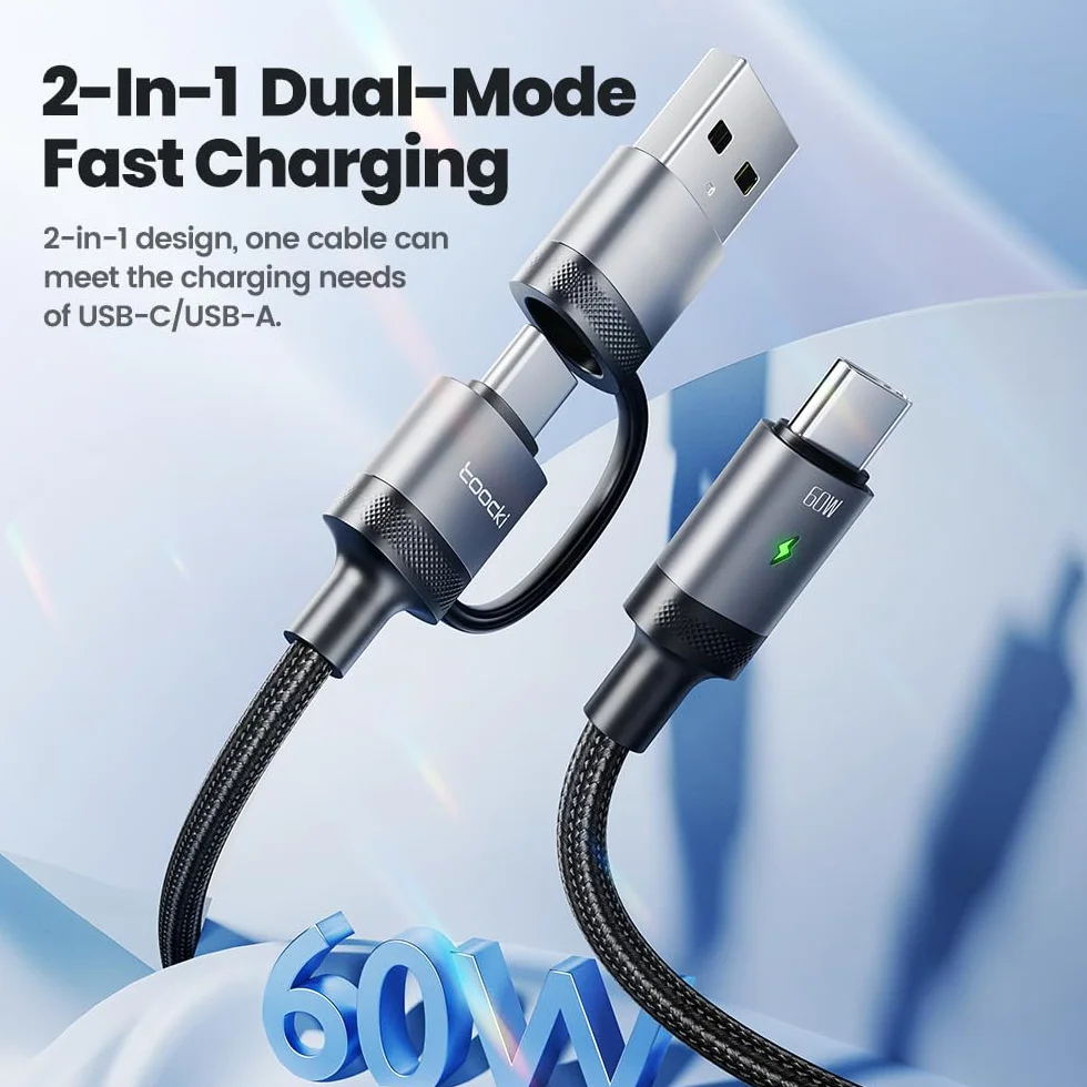 Toocki Kabel USB C do USB C 2 w 1 60W Szybkie Ładowanie PD Kabel z Adapterem USB A 1.2m Pleciony Nylon Przewód do Transmisji Danych Kompatybilny z iPhone 16/17, MacBook, iPad, Galaxy, Xiaomi, Szary