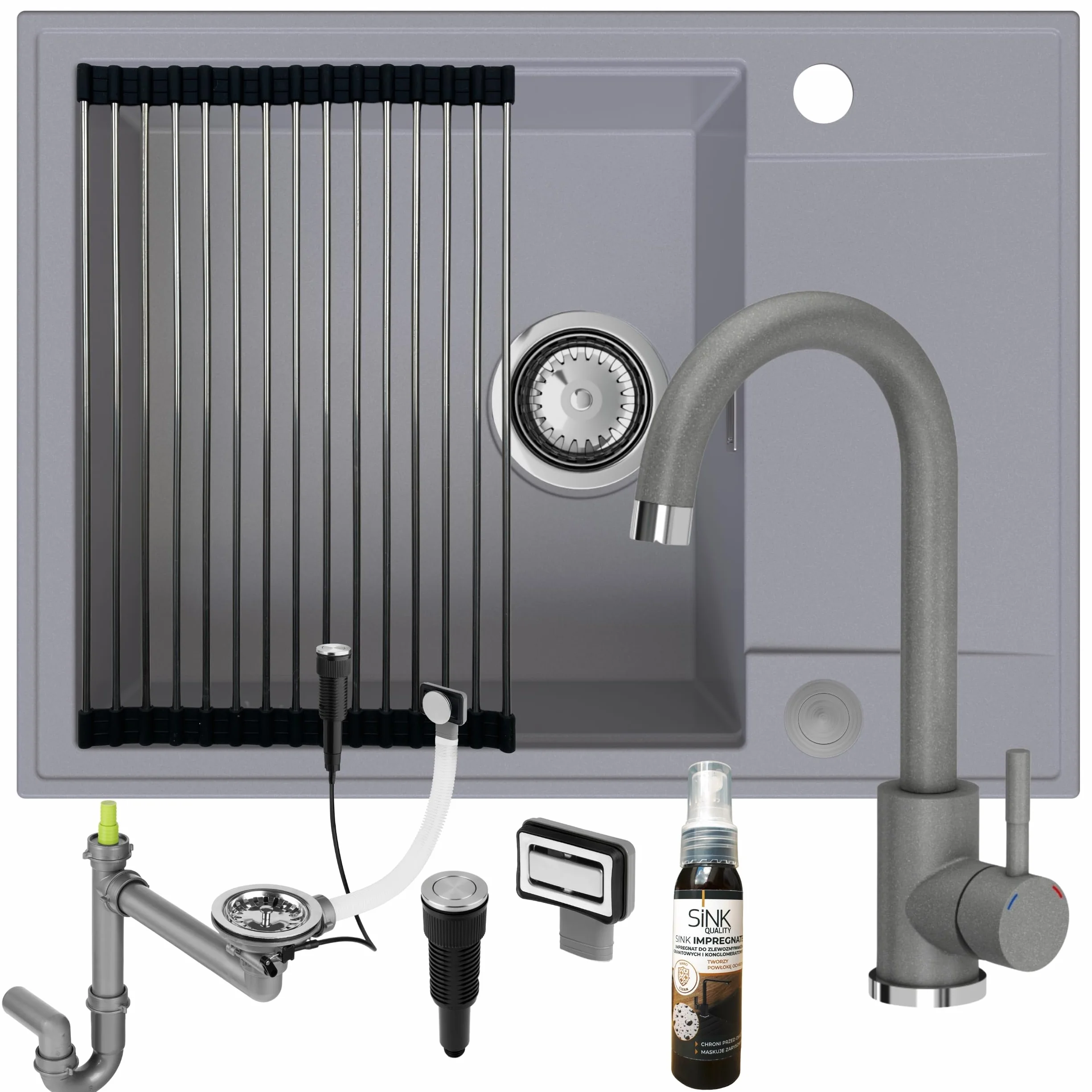 SINK QUALITY zlewozmywak szary z zestawem armatury 62x46 cm - Zlewozmywak z kranem, syfon PUSH, ociekacz, środek impregnujący - Kompletny zestaw zlewozmywaka kuchennego do szafki dolnej 55