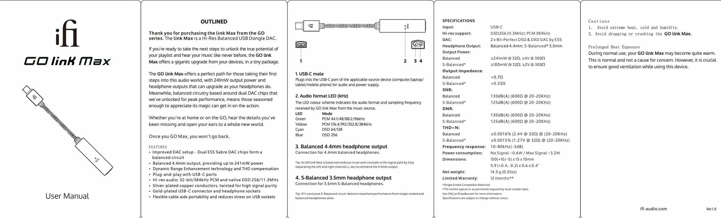 iFi audio Go Link Max przenośny wzmacniacz słuchawek DAC Dongle USB-C 3,5/4,4 mm Hi-Res Audio PCM 384 kHz DSD256