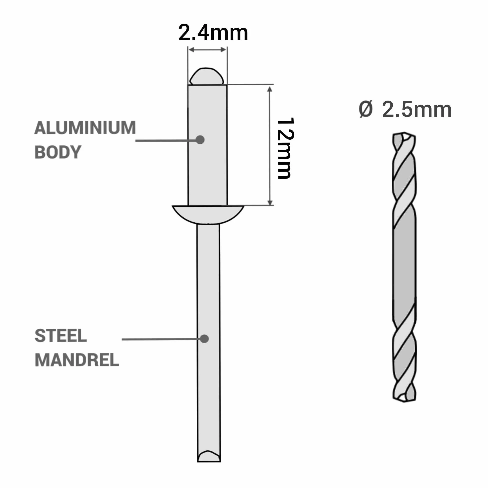 SKIR'CO (150 szt.) nity zrywalne 2,4 x 12 mm, aluminiowe nity zrywalne, DIN 7337, głowica kopułkowa, trzpień stalowy, nity pop