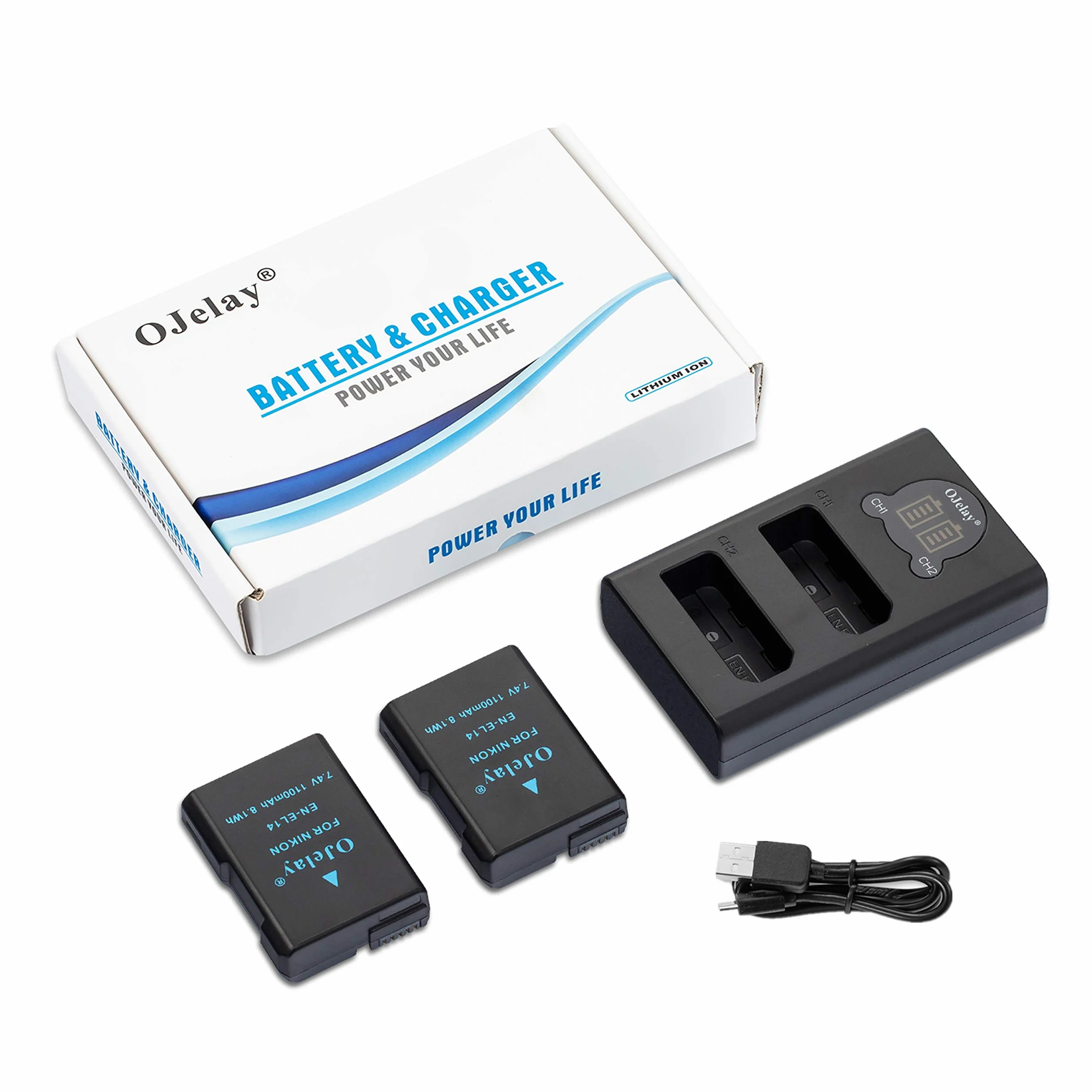 OJelay EN-EL14 1100 mAh akumulator zastępczy 2 sztuki do aparatu Nikon D3100 D3200 D3300 D3400 D3500