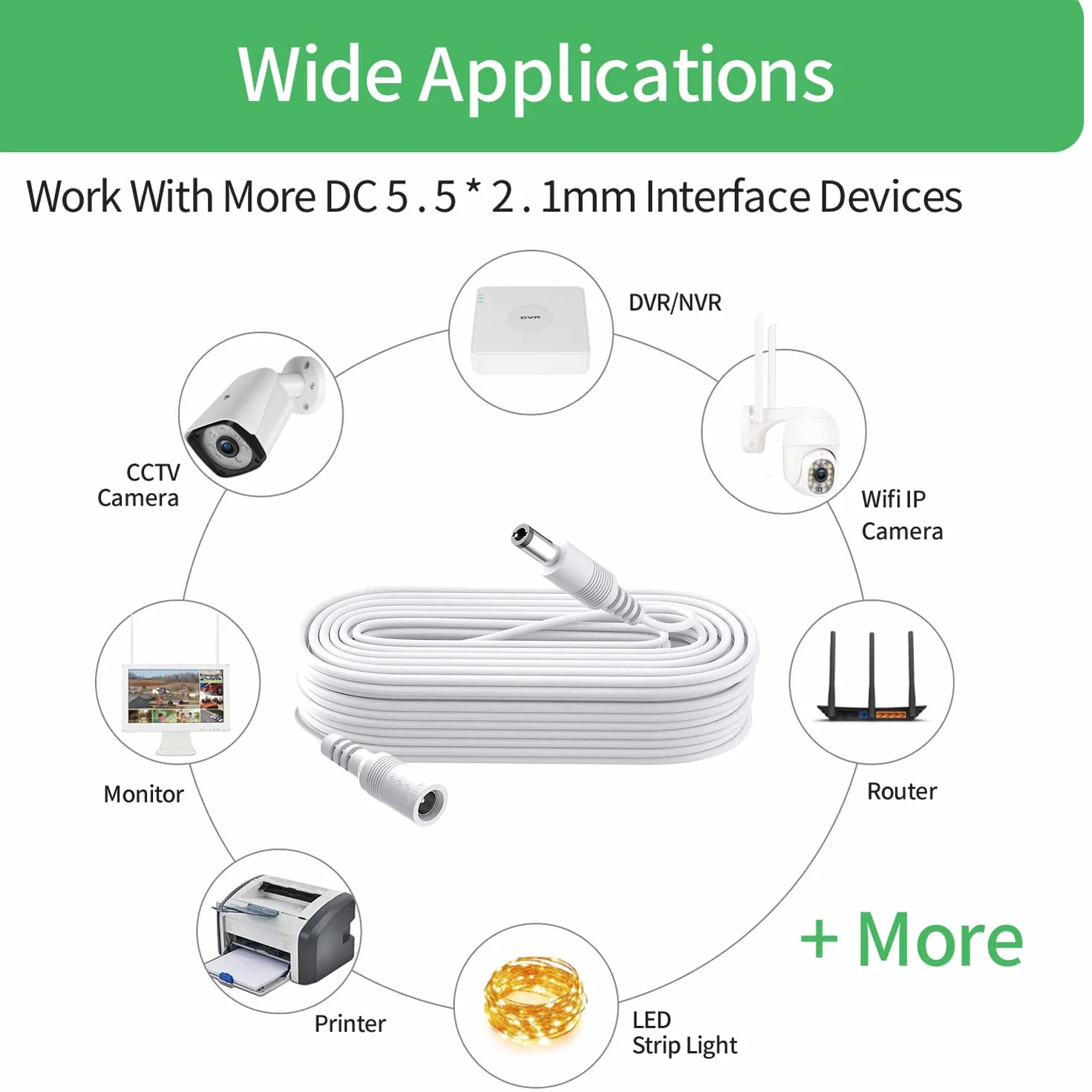 Przedłużacz zasilania DC 5 m, wtyczka 5,5 mm x 2,1 mm, wtyczka męska na żeńska, DC 5 V 6 V 9 V 12 V 24 V do kamer bezpieczeństwa, DVR, routera, drukarki, taśmy LED, biały
