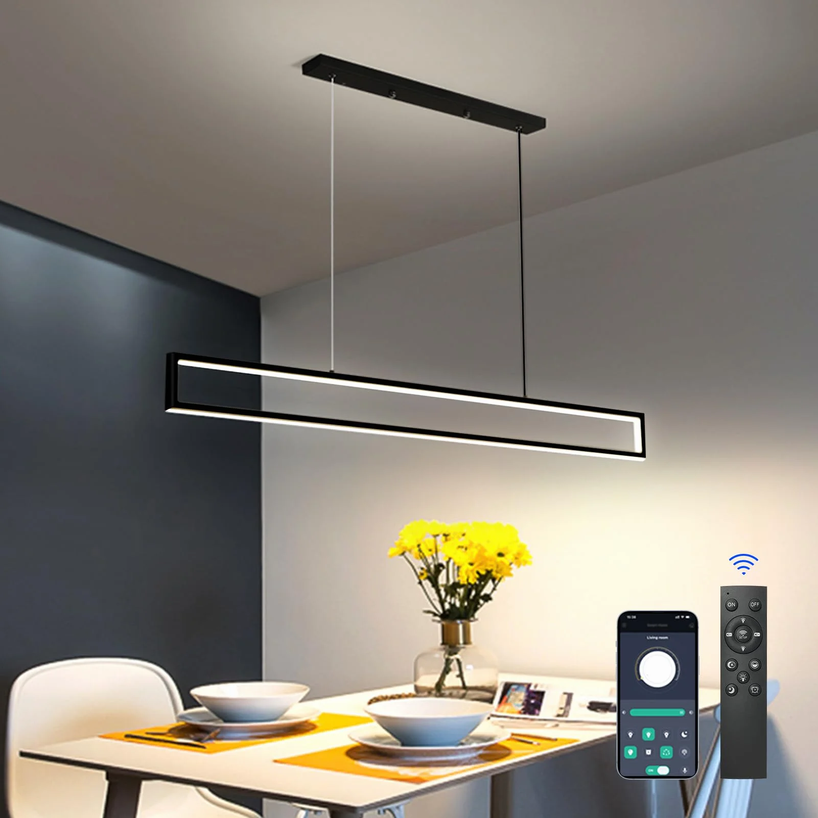100cm Lampa Wisząca LED 42W Aluminiowa Lampa Stołowa, Regulowana Wysokość Nowoczesna Lampa Wisząca LED Z Funkcją ściemniania 3000K-6500K 10%-100% Jasności Wisząca Z Pilotem I Aplikacją