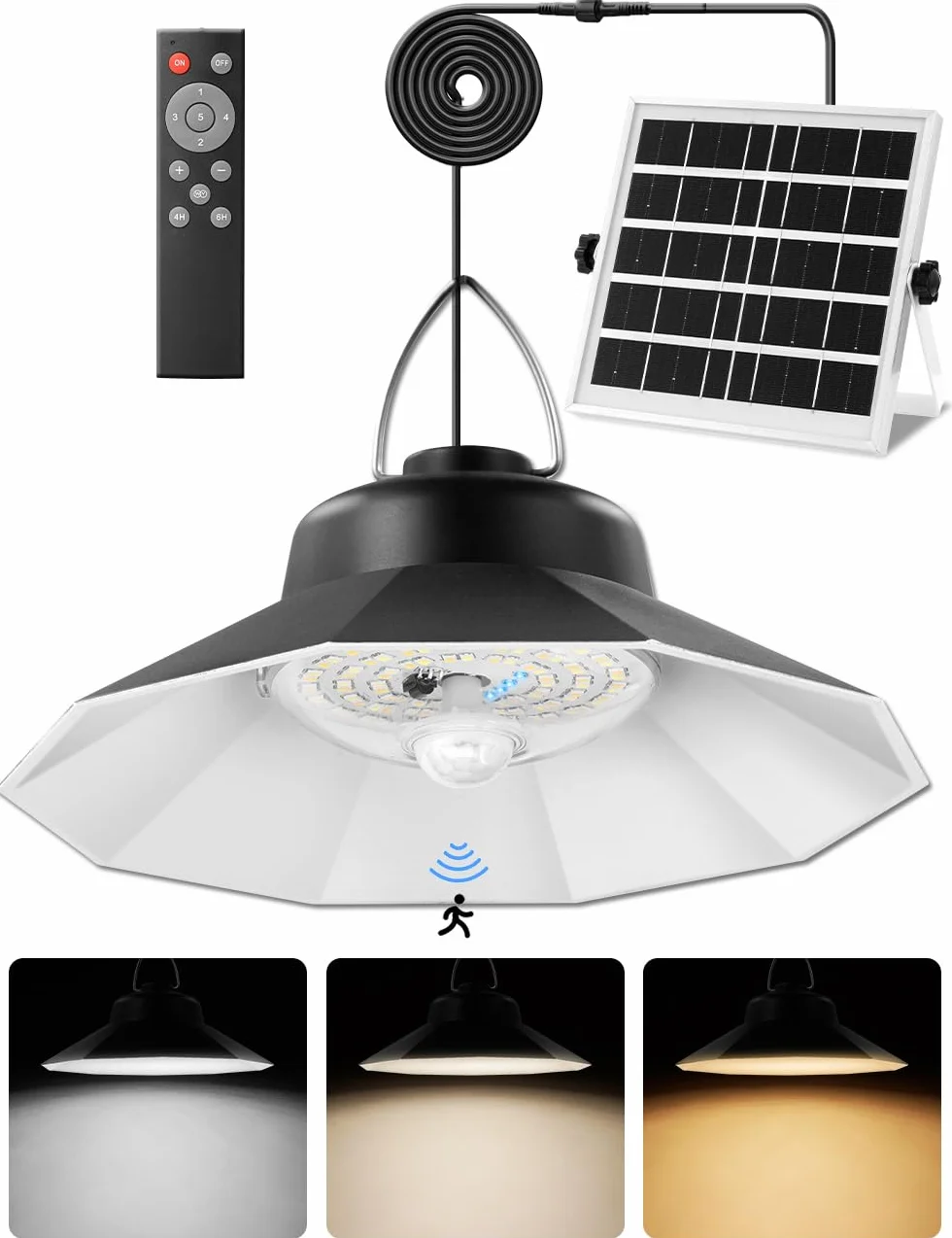 Sararoom Lampa solarna do użytku na zewnątrz, wisząca, 98 LED/5 trybów pracy, solarna lampa wisząca z czujnikiem ruchu, wodoszczelność IP65, 3 kolory/pilot zdalnego sterowania, kabel 5 m, do ogrodu,
