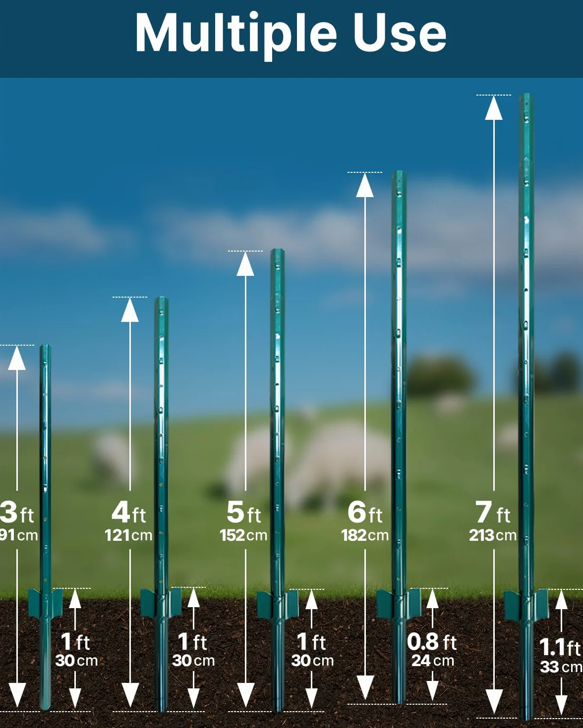 ARIFARO Metalowe słupki ogrodzeniowe, 121 cm, 10 sztuk, wytrzymały, bez kopania, słupek ogrodowy, do ogrodzeń z drutu, stalowe słupki na podwórko, drut zewnętrzny