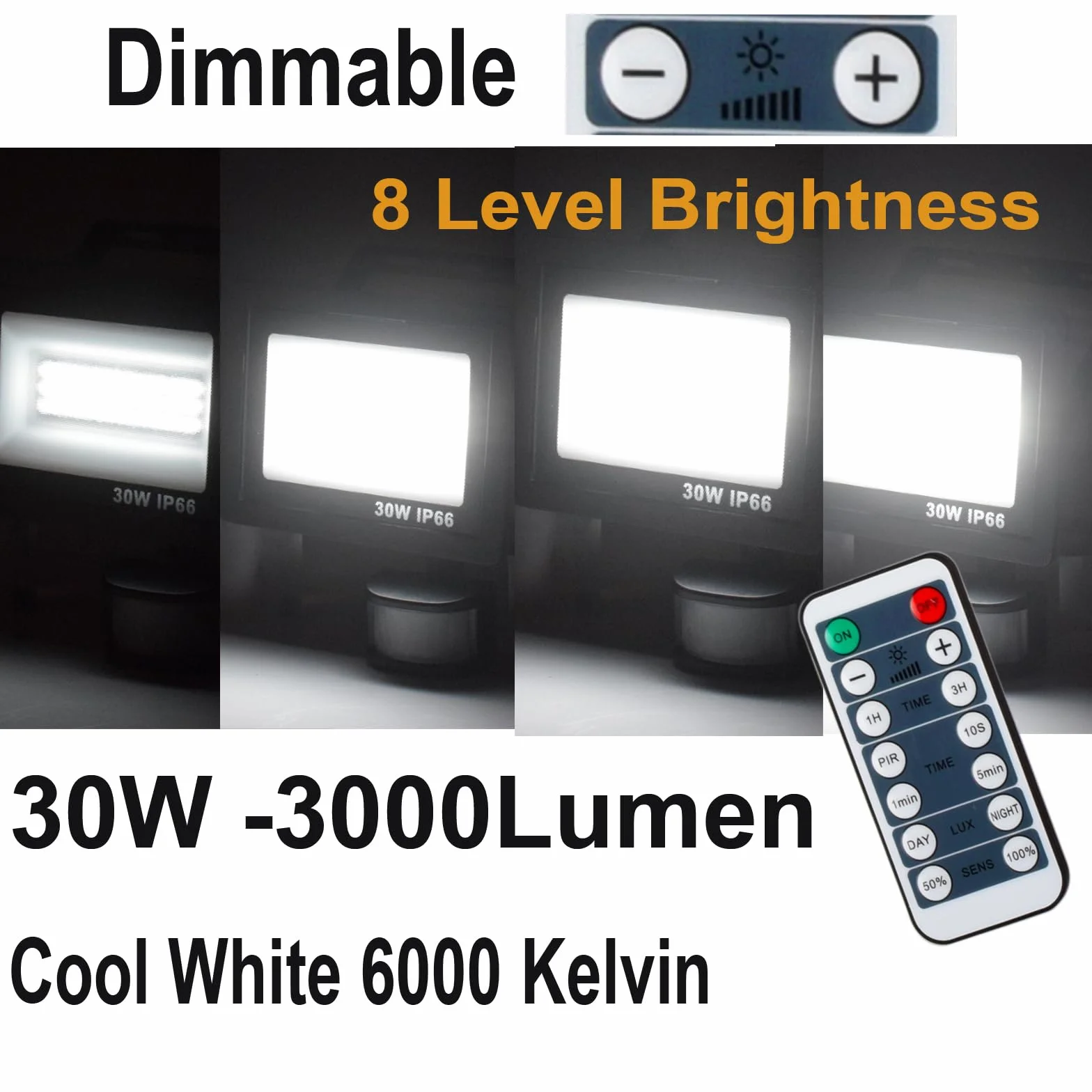 Etrogo Reflektor LED 30 W z czujnikiem ruchu na zewnątrz, pilot zdalnego sterowania, 3000 lm, 42 diody LED, 6000 K, zimna biel, możliwość ściemniania, IP66, wodoszczelny, do ogrodu, garażu, podwórka