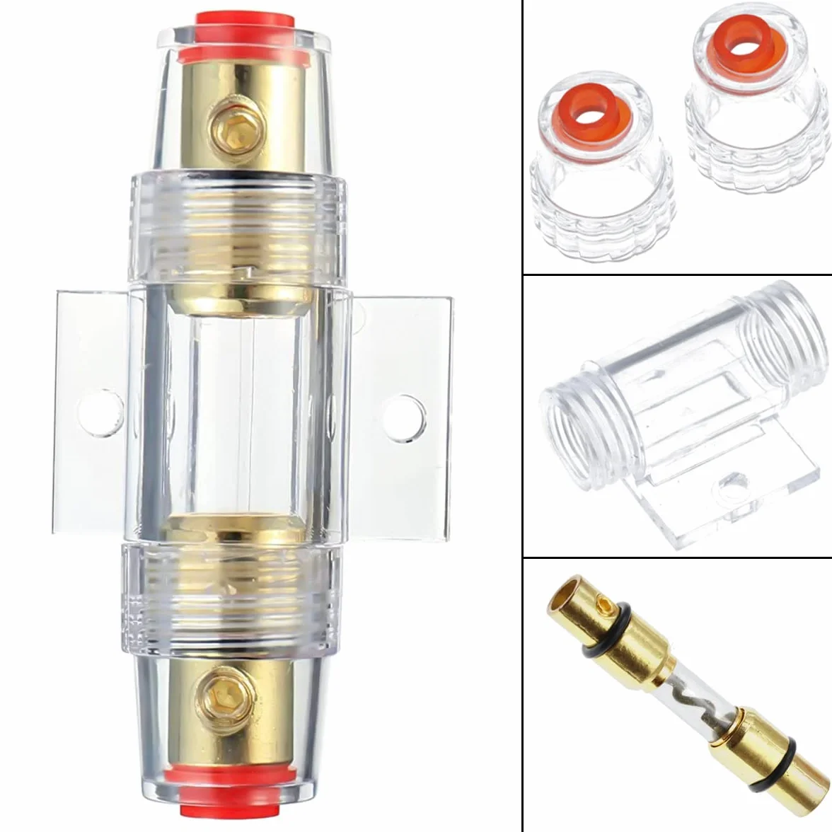 Uchwyt bezpiecznika 4-8 Gauge AWG Wodoodporny przezroczysty uchwyt bezpiecznika z pięcioma bezpiecznikami typu AGU 100A do samochodowego audio / wzmacniacza / alarmu / kompresorów (2 sztuki)