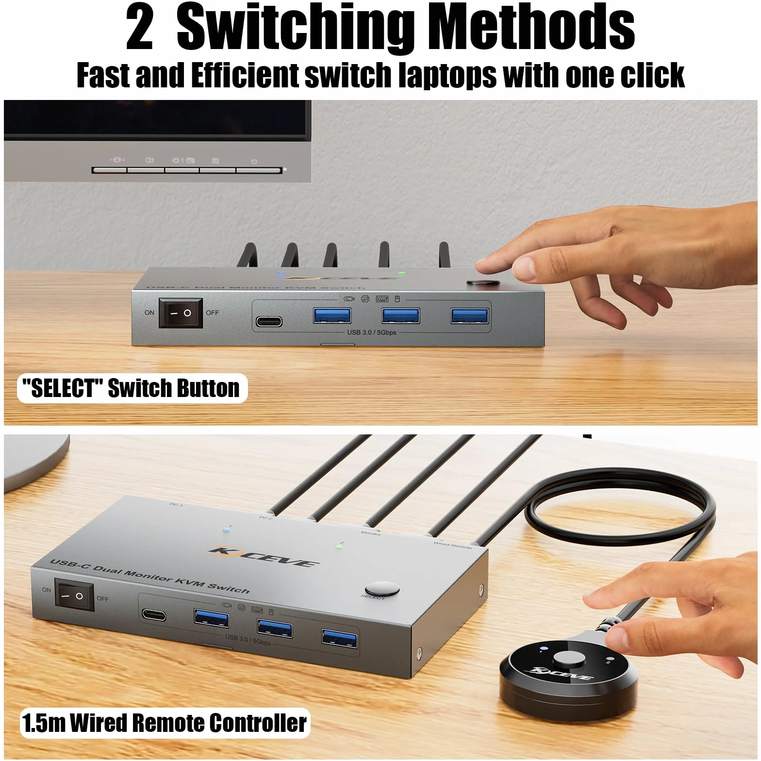 KVM Switch 2 Komputery 2 Monitory USB C HDMI 4K@60Hz Dual Monitor MST 80W PD Wired Remote