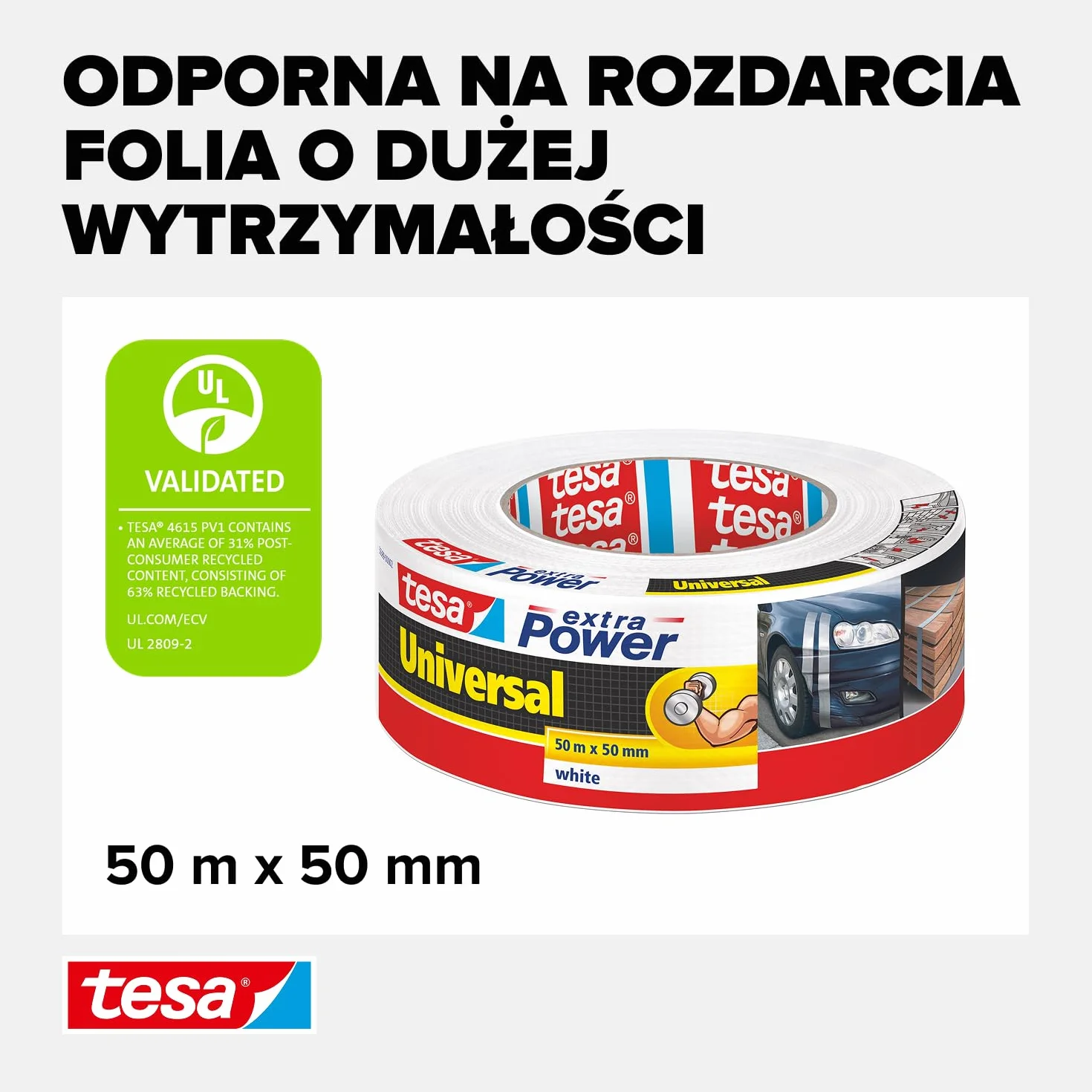 tesa extra Power uniwersalna taśma dwustronna - bardzo mocna taśma samoprzylepna - uniwersalna taśma dwustronna do napraw, mocowania, uszczelniania i nie tylko - biały - 1 rolka - 50 m x 50 mm