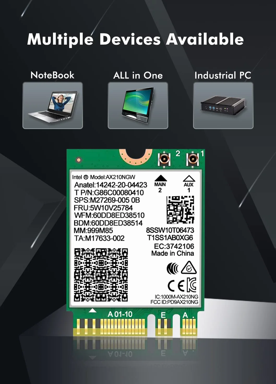 Karta bezprzewodowa WiFi 6E Intel AX210 NGW Bluetooth 5.2 Tri-Band 5400 Mbps adapter sieciowy do laptopa, obsługa systemu Windows 10/11 (64 bit) M.2/NGFF