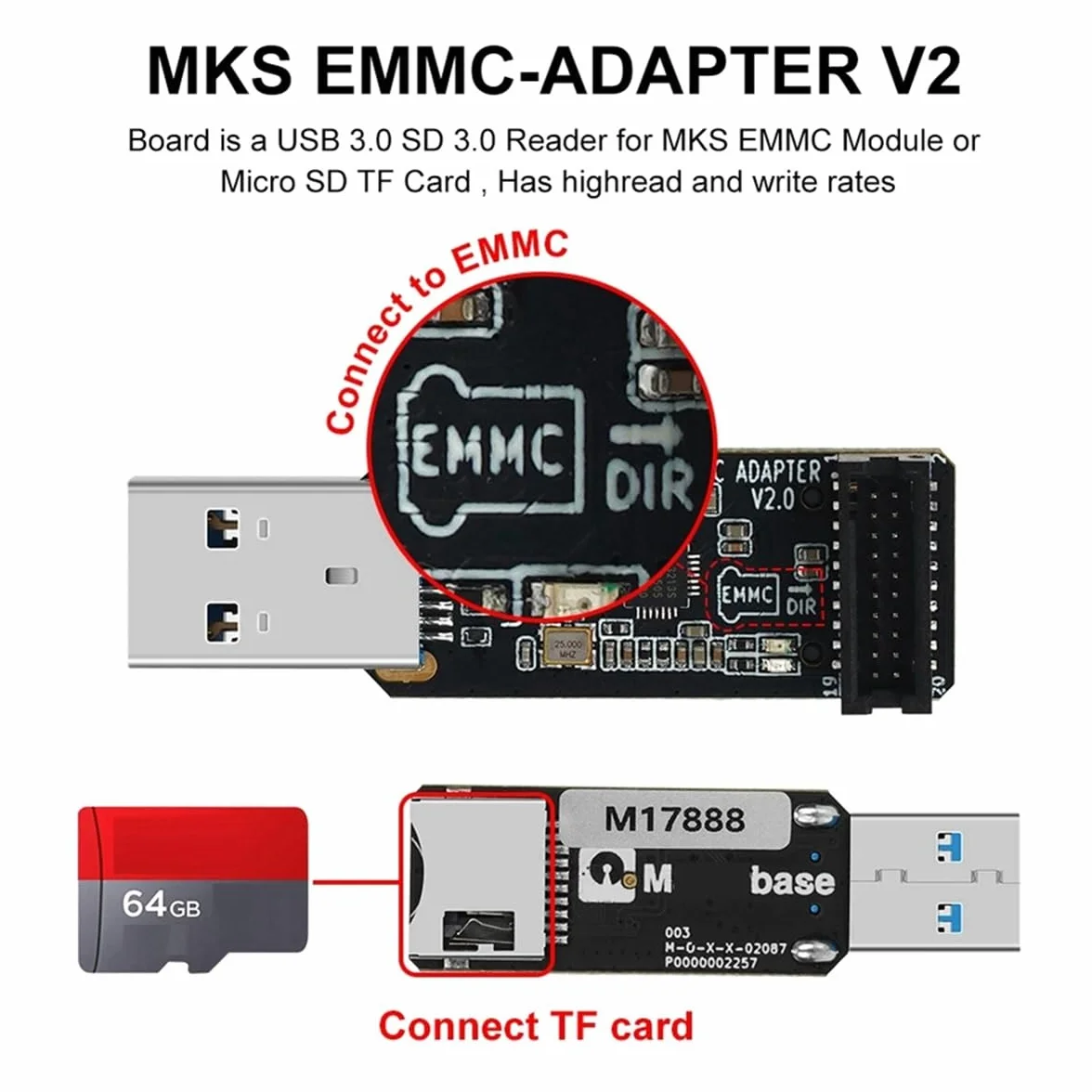 Karta rozszerzeń pamięci MKS EMMC 32G + ADAPTER MKS EMMC V2 USB 3.0 czytnik kart do Neptune 4/4 Pro/4 Plus/4 MAX
