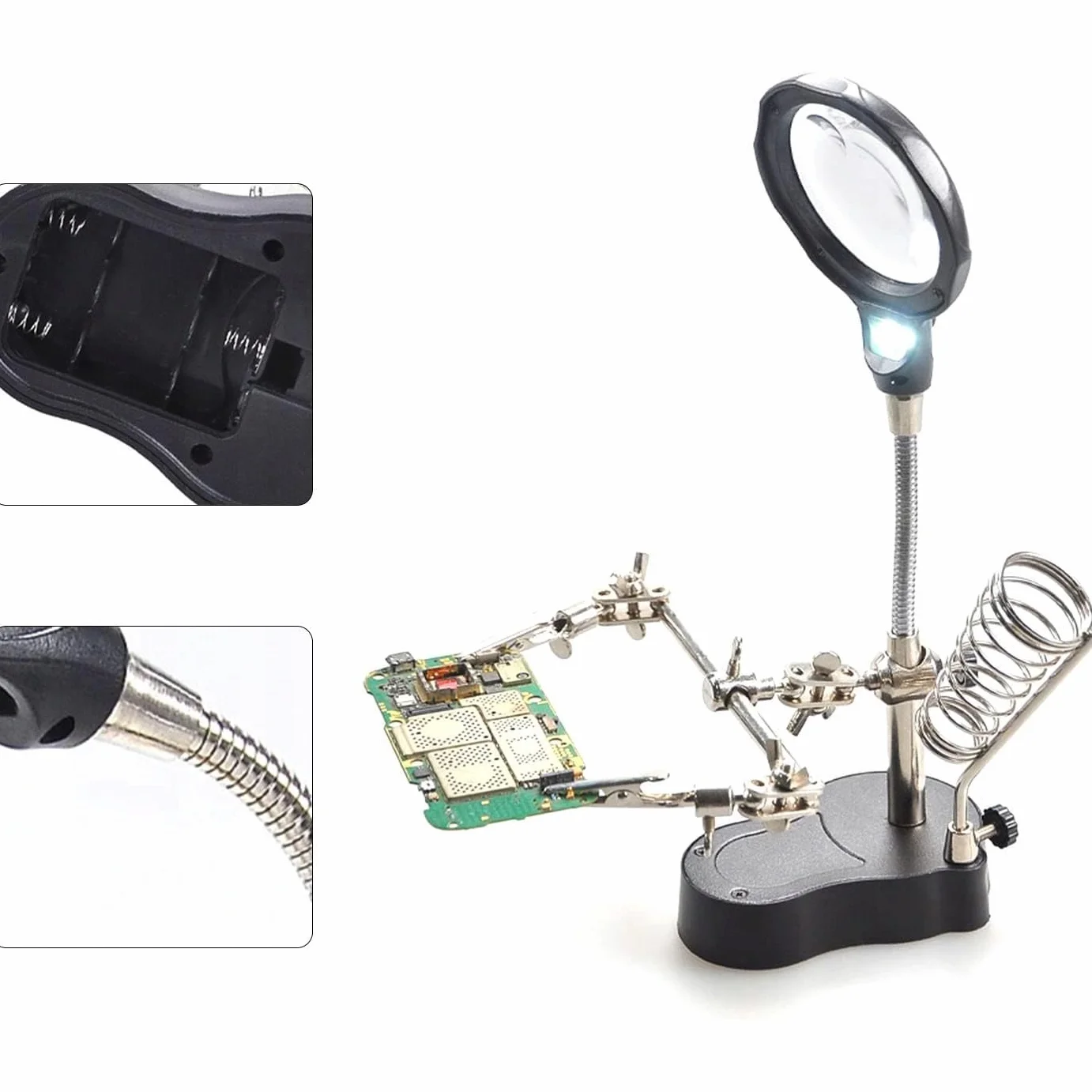 Trzecia ręka z lupą TE-801 - Powiększenie 3,5x/12x, LED x2 | Podstawa 10 x 6 cm, wysokość 26 cm, uchwyt na lutownicę, do lutowania, elektroniki, akcesoria warsztatowe