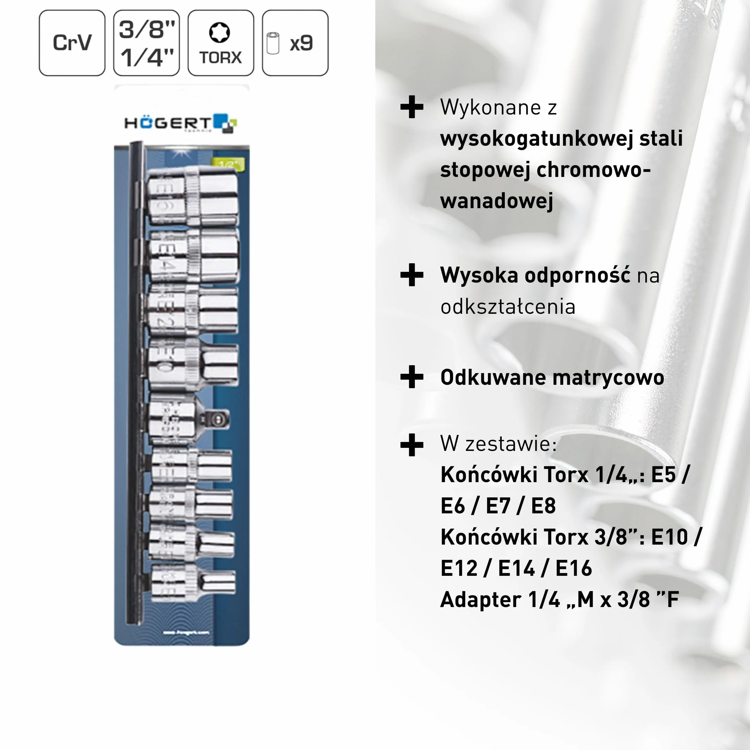 Högert HT1A884 zestaw kluczy nasadowych z narzędziami, ze stopu stali chromowo-wanadowej, zestaw 9 kluczy nasadowych Torx, srebrne, 1/4" E5-E8, 3/8 E10-E16, CRV