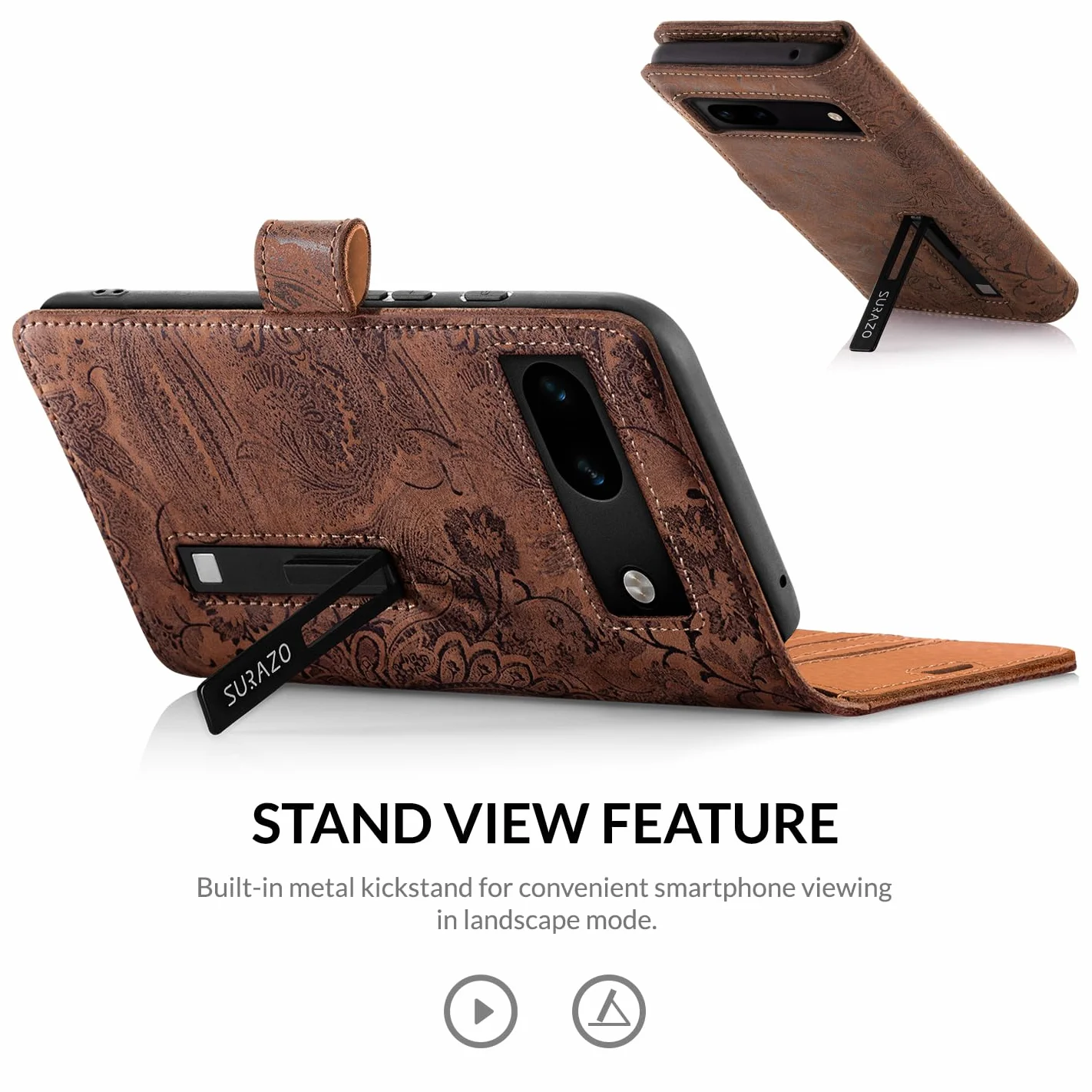 SURAZO Etui na Google Pixel 8a z Prawdziwej Skóry Składane Ochronne z Magnesem RFID Wallet Case Cover (kwiatowy wzór)