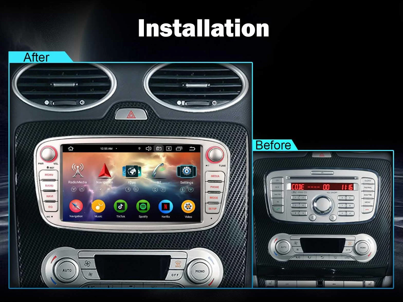 Erisin 4GB + 64GB Android 14 GPS nawigacja do Ford Focus Mondeo S-Max C-Max Galaxy Bluetooth 5.0 CarPlay Android Auto DSP WiFi DAB+ IPS OBD2 8-rdzeniowy 2GHz