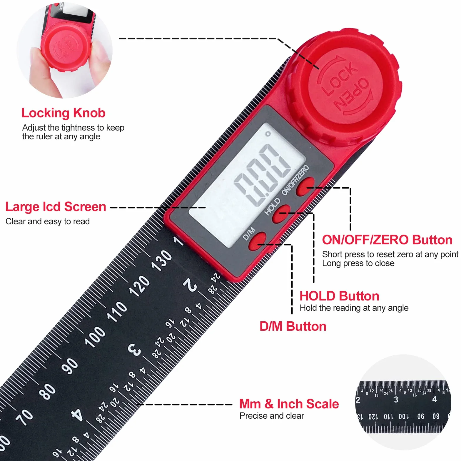 Newaner Cyfrowy kątomierz obracany o 360°, 200 mm z wyświetlaczem LCD i funkcją blokady, cyfrowy kątomierz do budowy maszyn, obróbki drewna, budownictwa i pomiaru, czarny