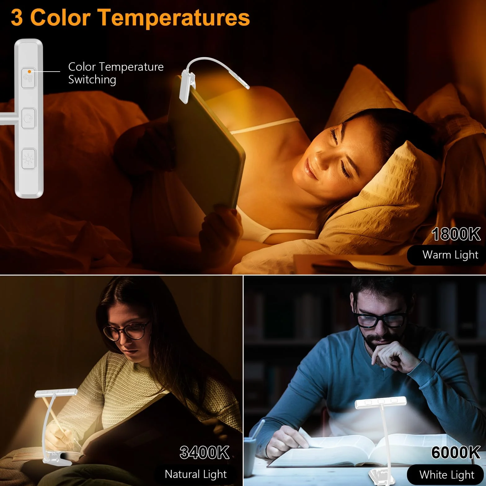 Gritin Lampka do Czytania 19 LED, Ładowana Przez USB, 3 Tryby Temperatury Barwowej, Długa żywotność baterii, Płynna Regulacja Jasności, Elastyczna Lampka Zaciskowa 360° do Czytania w Łóżku -Biały