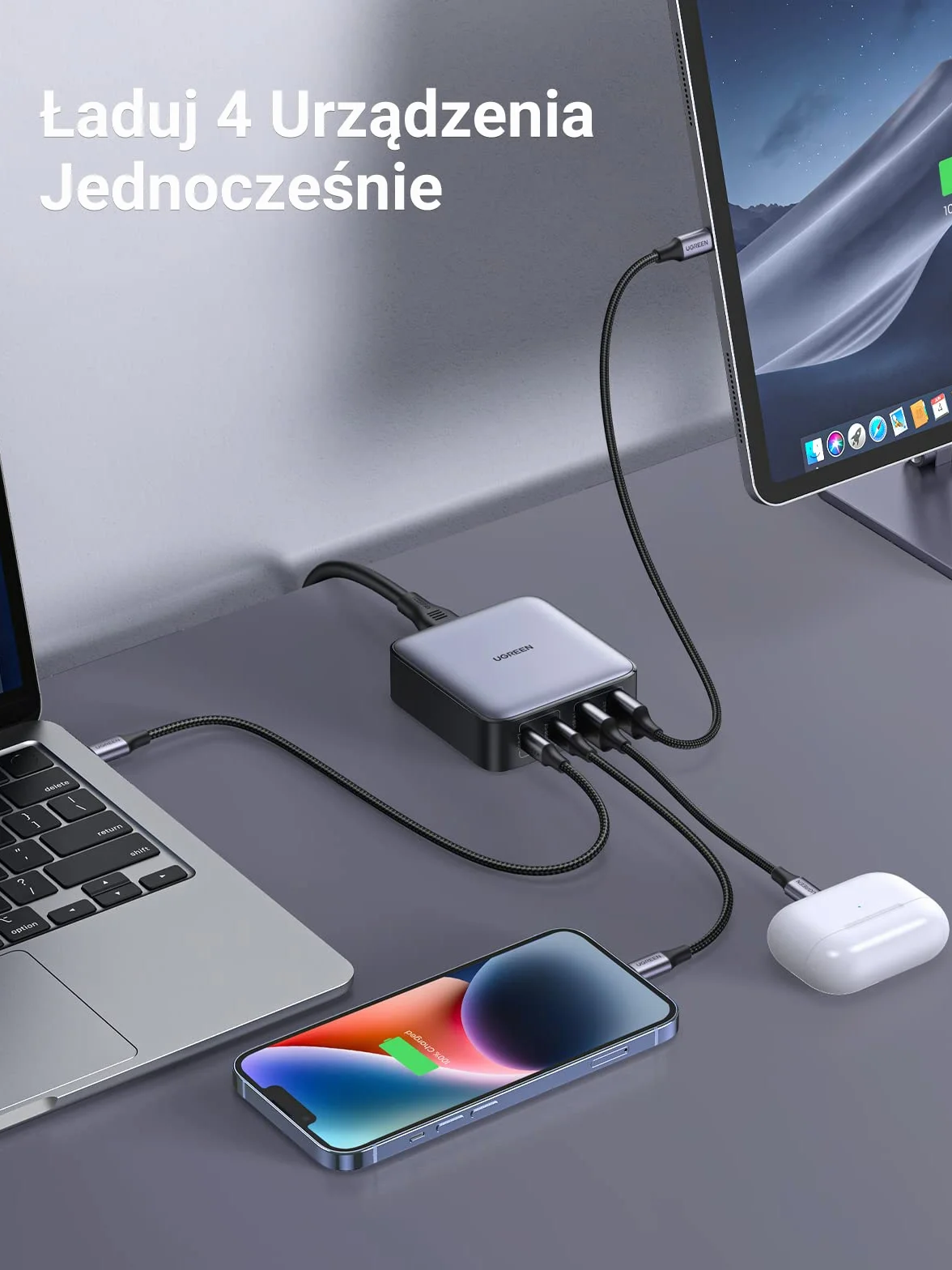 UGREEN Nexode 65W Ładowarka USB C GaN II Tech 4 porty kompatybilna MacBook Pro Air iPad iPhone Galaxy S24