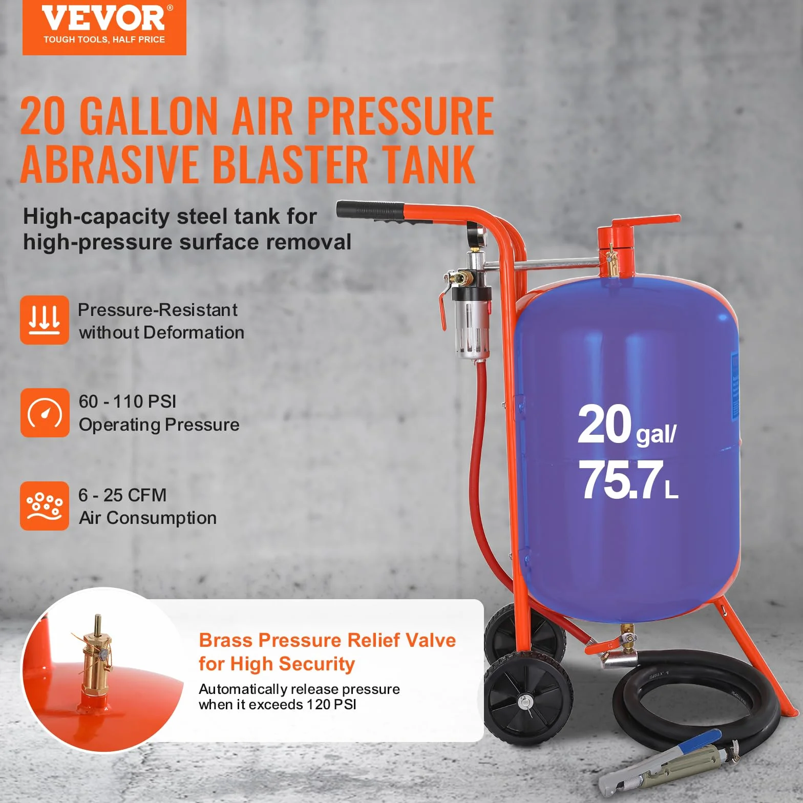 VEVOR Przenośna piaskarka, 75,7 l, piaskarka ok. 244 cm, wąż roboczy, piaskarka, ciśnienie robocze 60-110 psi, idealne do usuwania rdzy, farby, plam i polerowania dużych powierzchni
