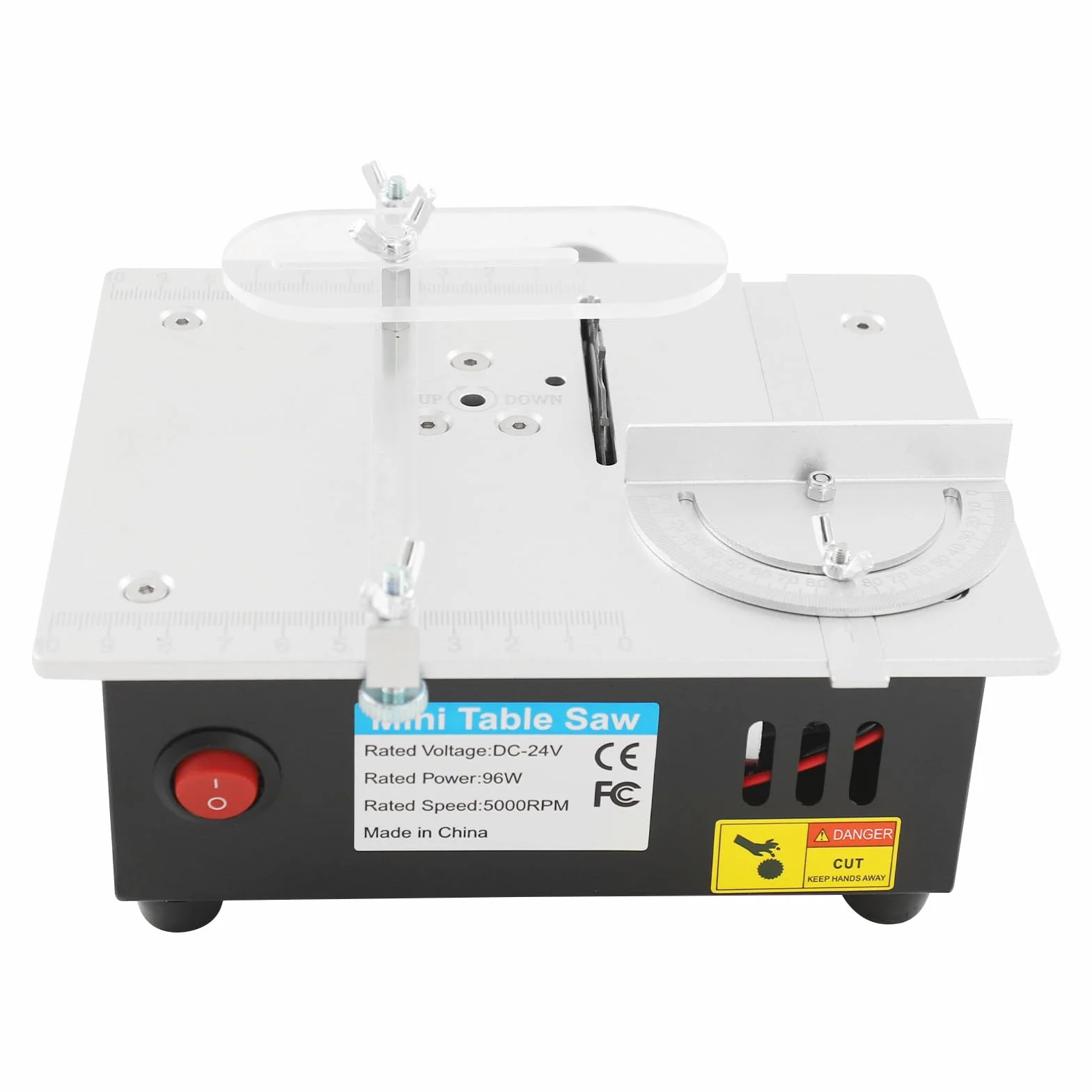Mini stołowa pilarka tarczowa 96 W, 5000 obr./min, przenośna piła stołowa z 7 regulowanymi prędkościami, cięcie ukośne 0-45°, 4 brzeszczoty, do drewna, akrylu, płytek drukowanych i projektów DIY