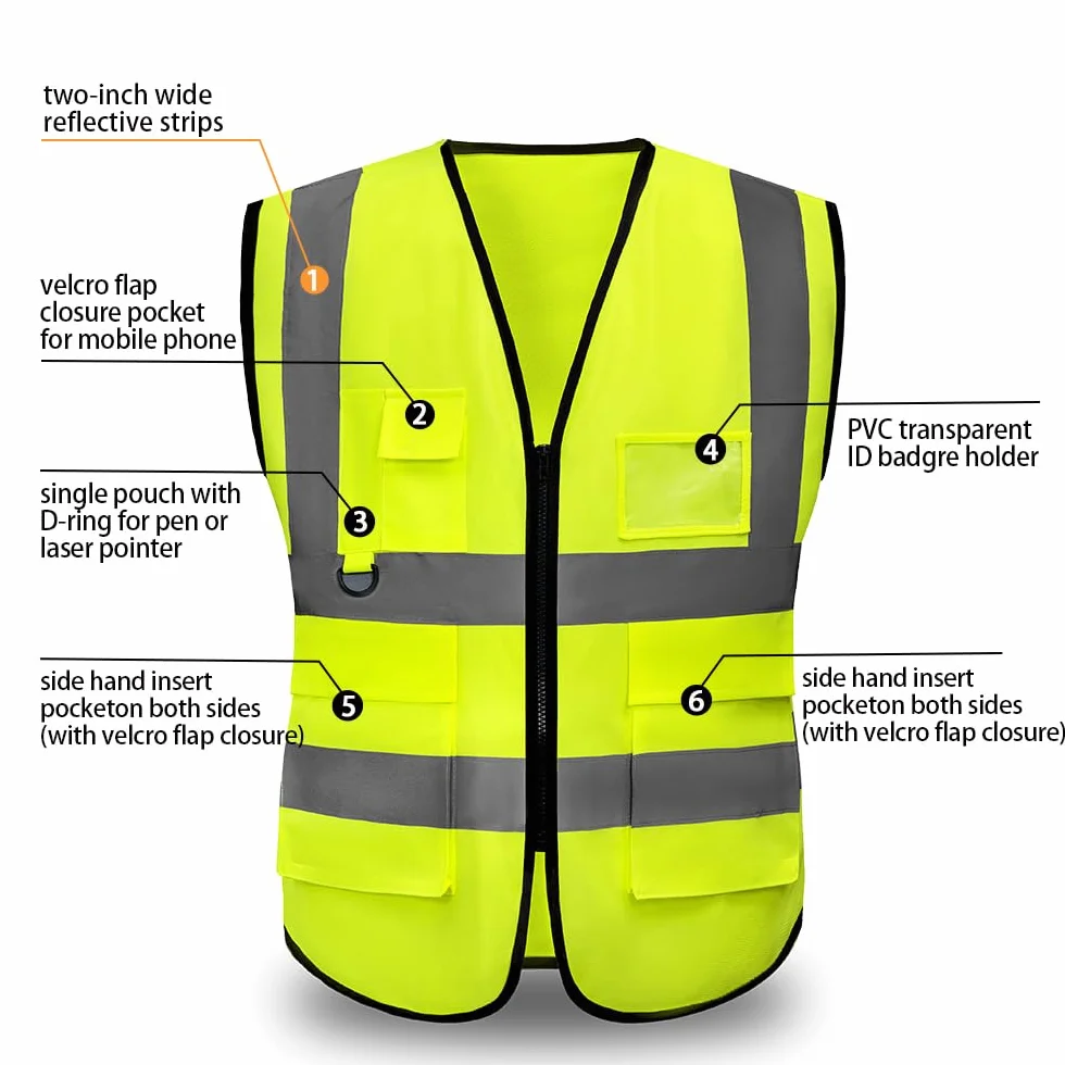 Kamizelki Hi Vis dla kobiet i mężczyzn odblaskowe kamizelki bezpieczeństwa o wysokiej widoczności, oddychające, z zamkiem błyskawicznym, do budowania na zewnątrz, spełniają normę ANSI/ISEA