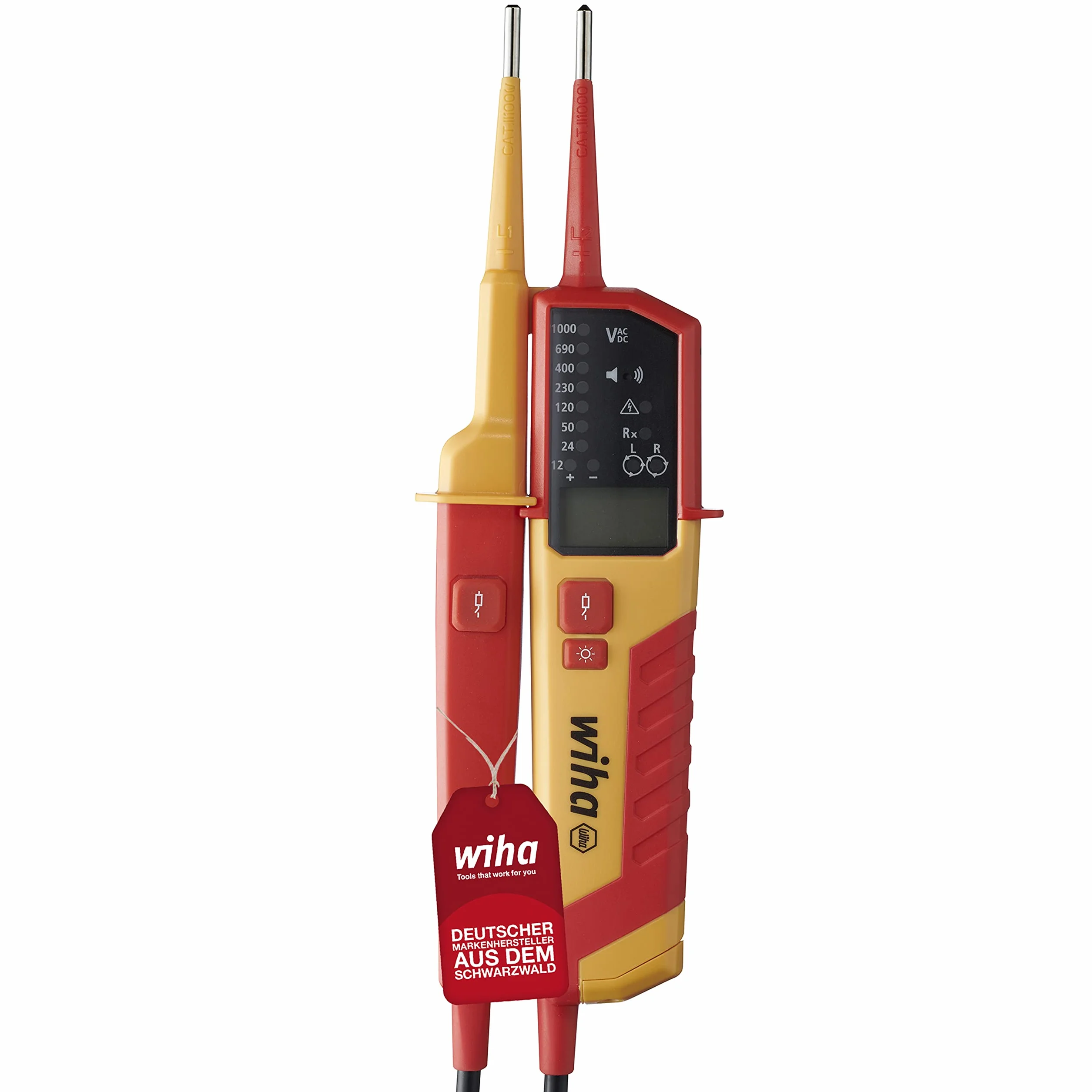 Wiha Tester napięcia i ciągłości 1500 V, CAT IV w zestawie 2 x baterie AAA I kompatybilny z fotowoltaicznymi I LED/LCD (45217), czerwony/żółty